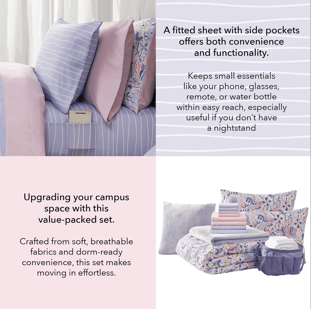 Heavyweight Warmth 14pc College Dorm Essentials Bundle, Twin-XL, Reversible Bed in a Bag Comforter Set, Purple Floral - All-Season Down Alternative Comforter Insert Detail