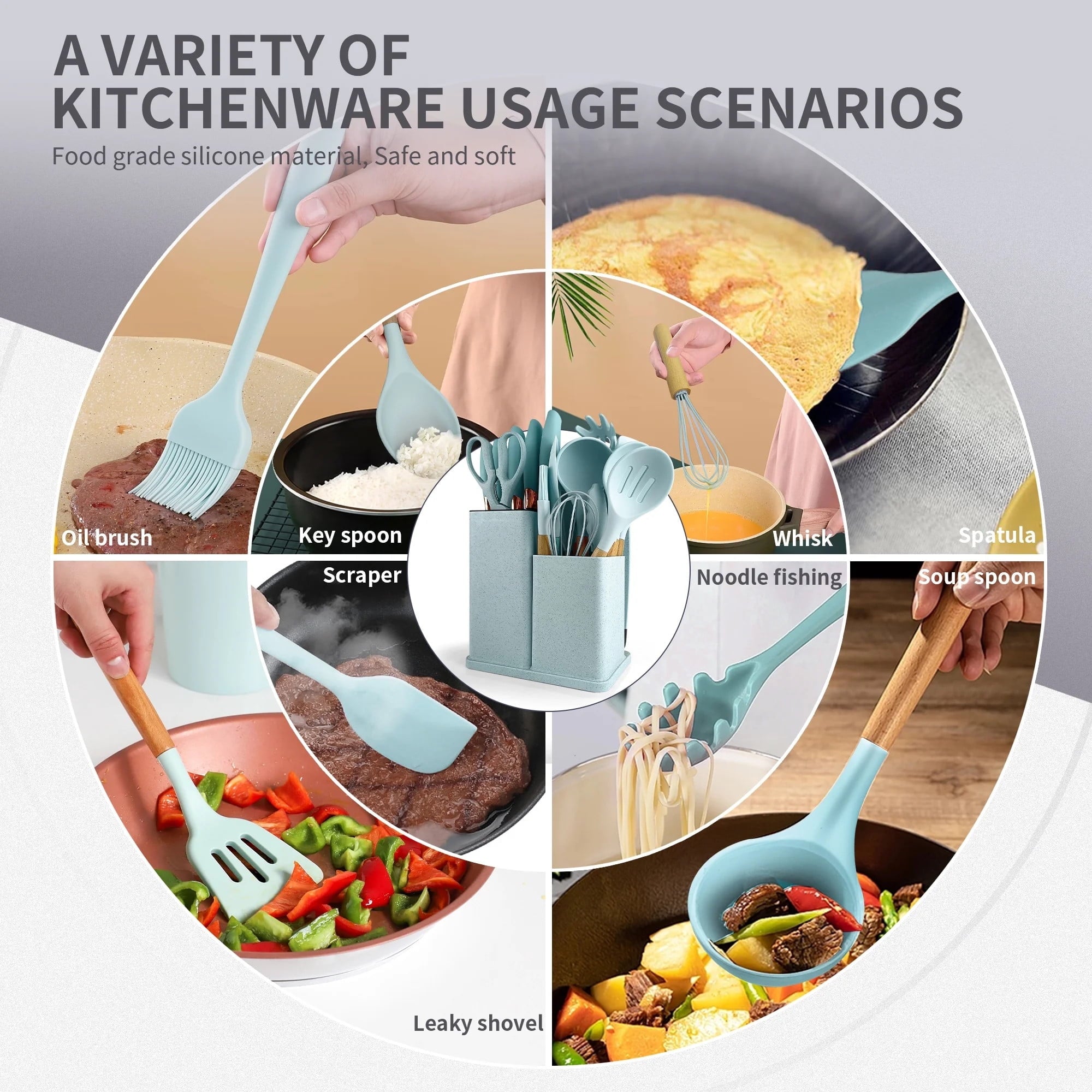 Heavy Duty Silicone Kitchen Cooking Utensils Set, 19 Pieces Utensil with Holder, Heat Resistant, Green - Heavy Duty Stainless Steel Kitchen Shears Detail