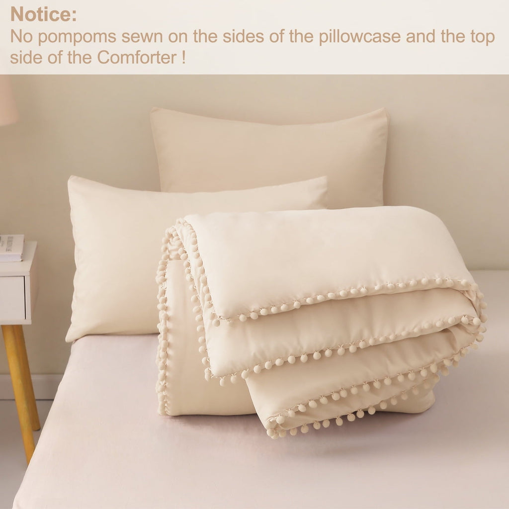 Hypoallergenic Cloud Boho Pom Pom Ball Fringe King Size Comforter Set, 3 Pieces Beige Lightweight Down Alternative Bedding Comforter Sets ... - Hypoallergenic Ultra-Fluffy Quilt for Winter Detail