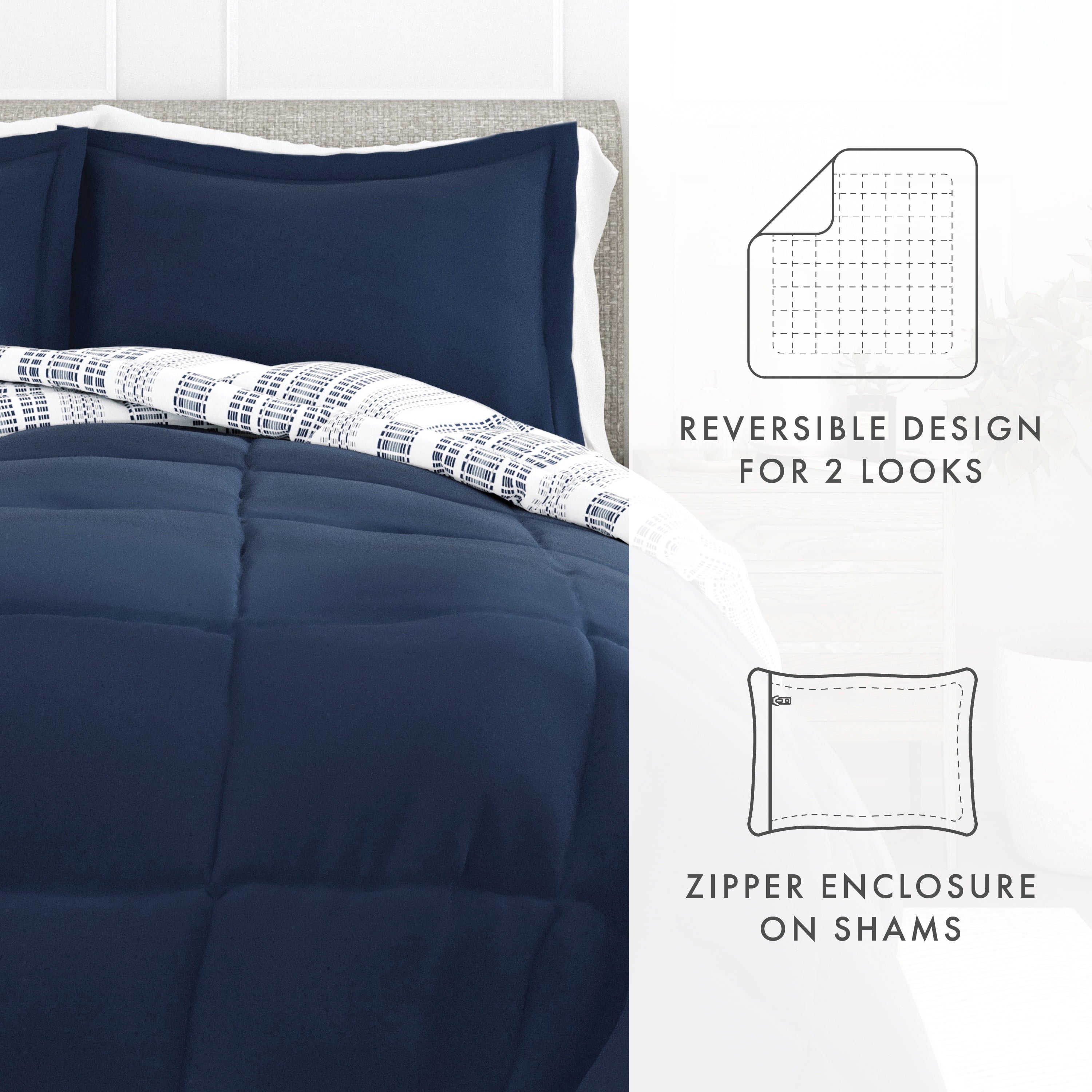 Luxurious Quilted 2-Piece Navy Farmhouse Dreams ReversiblePrint Comforter Set, Twin/TwinXL - Hypoallergenic Ultra-Fluffy Quilt for Winter Detail