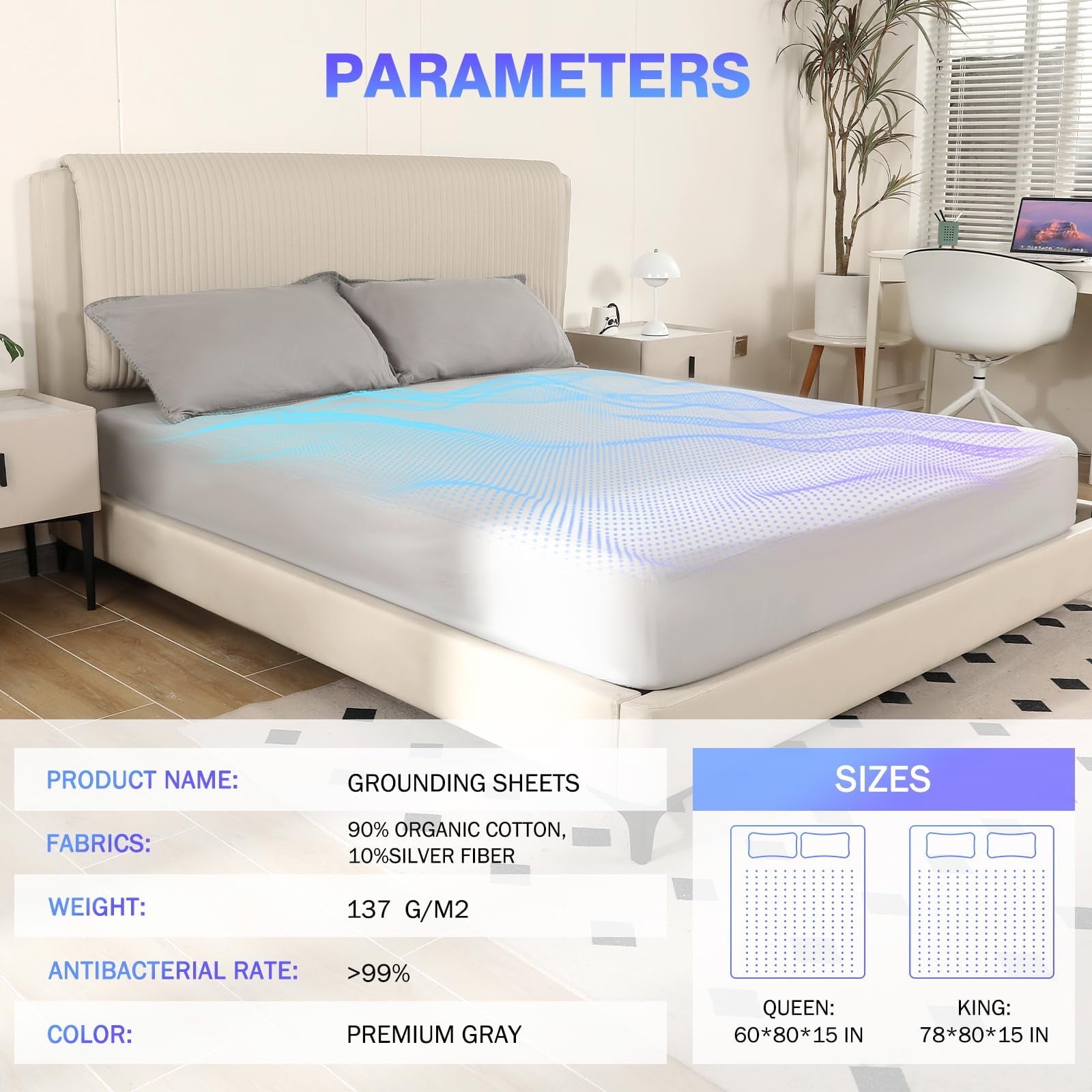 Ultra-Soft Grounding Sheets King Size,Earth Grounded Fitted Bed Sheet 10% Pure Silver Fiber + 90% Organic Cotton, Bed Grounding ... - Cooling Hotel Quality Bedding Sheets and Pillowcases Detail
