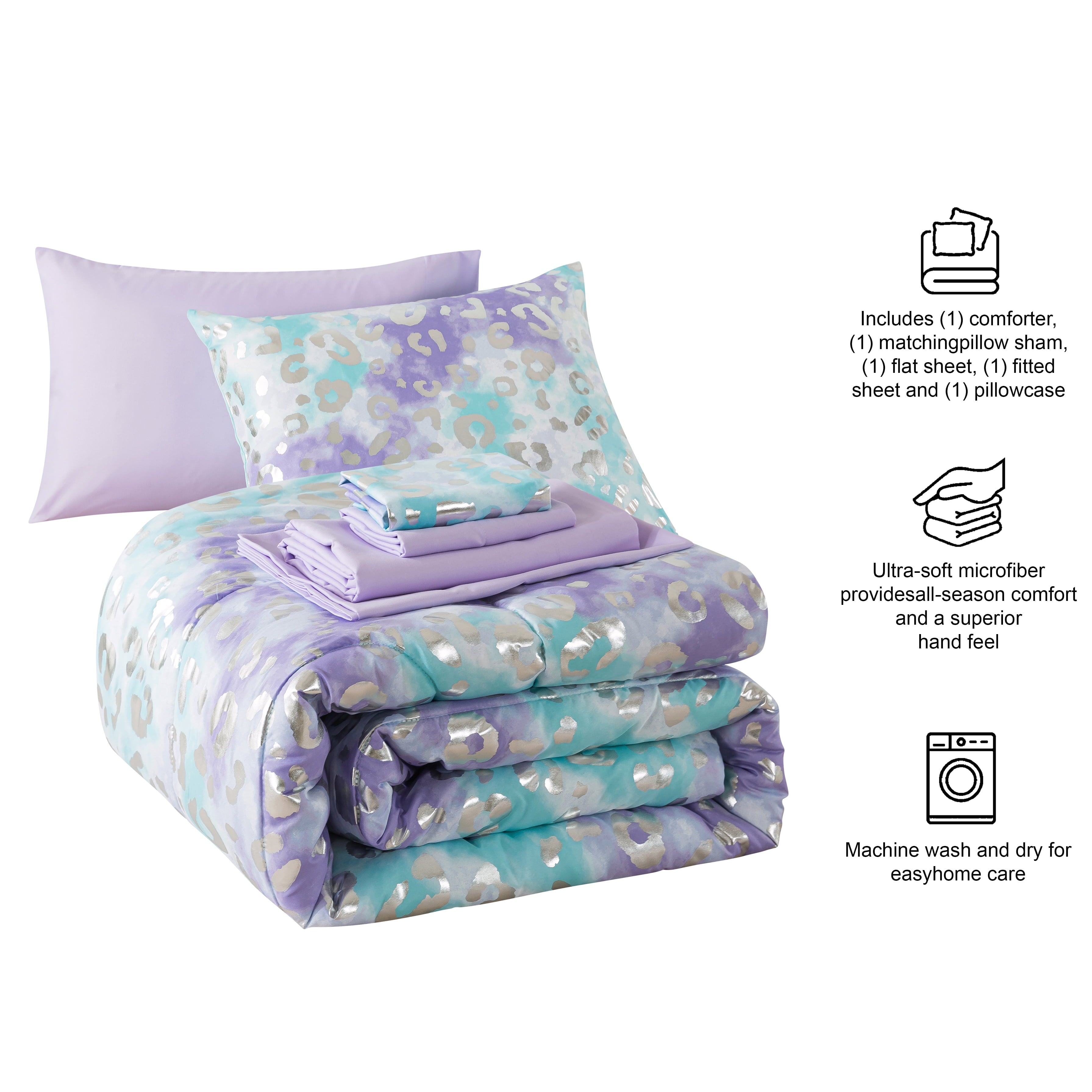 All-Season 5-Piece Purple Metallic Foil Cheetah Bedding Set for Kids with Storage Bag, Twin - Hypoallergenic Ultra-Fluffy Quilt for Winter Detail