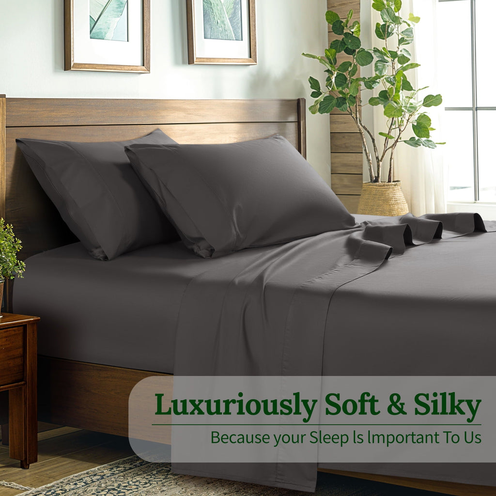 Ultra-Soft 100% Cotton Bed Sheets Set, 1000 Thread Count 4 Piece Luxury Soft Sheets Set with 16" Deep Pocket, Queen, Dark Gray - Breathable Egyptian Cotton Flat & Fitted Sheets Detail