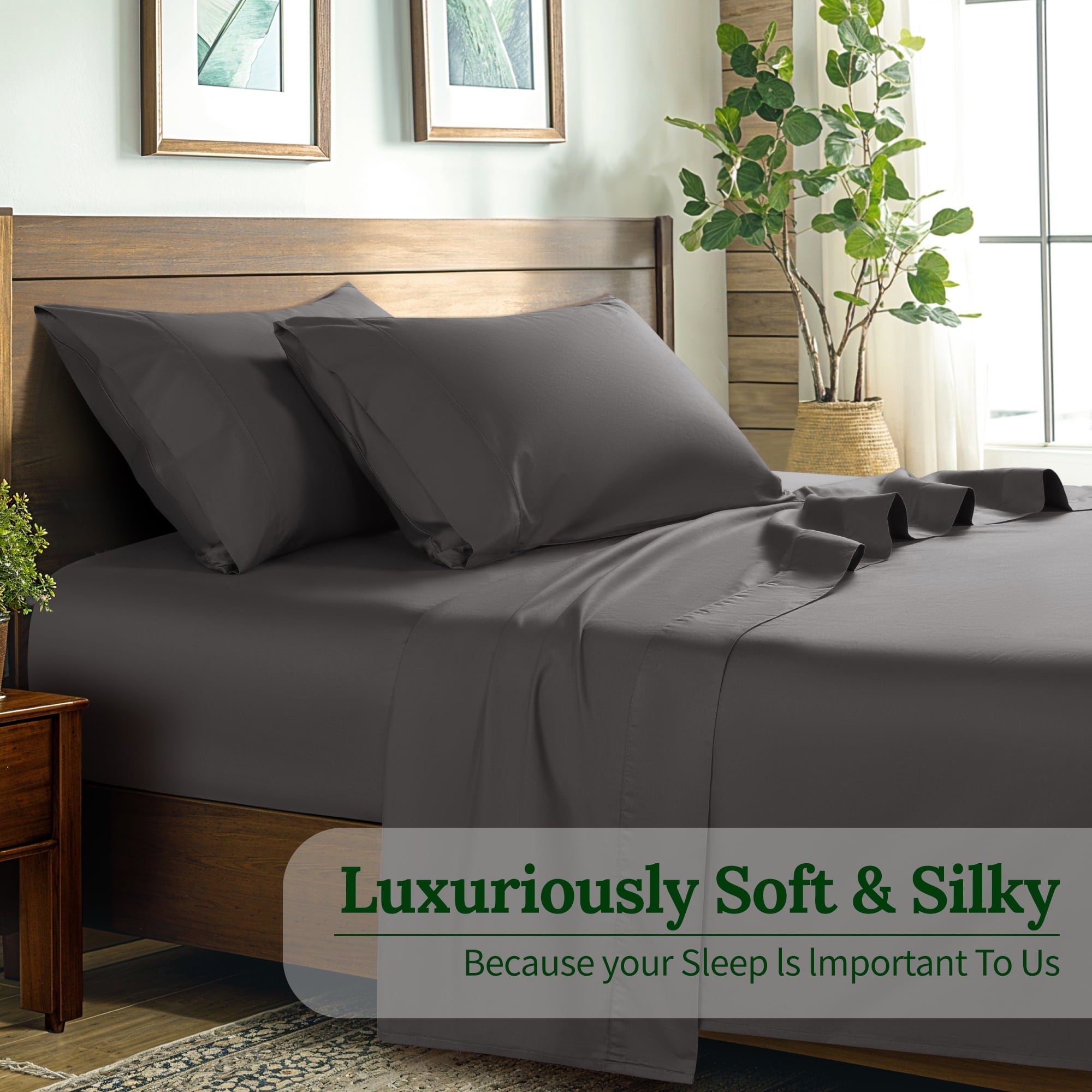 Ultra-Soft 100% Cotton Bed Sheets Set, 1000 Thread Count 4 Piece Luxury Soft Sheets Set with 16" Deep Pocket, Queen, Dark Gray - Breathable Egyptian Cotton Flat & Fitted Sheets Detail