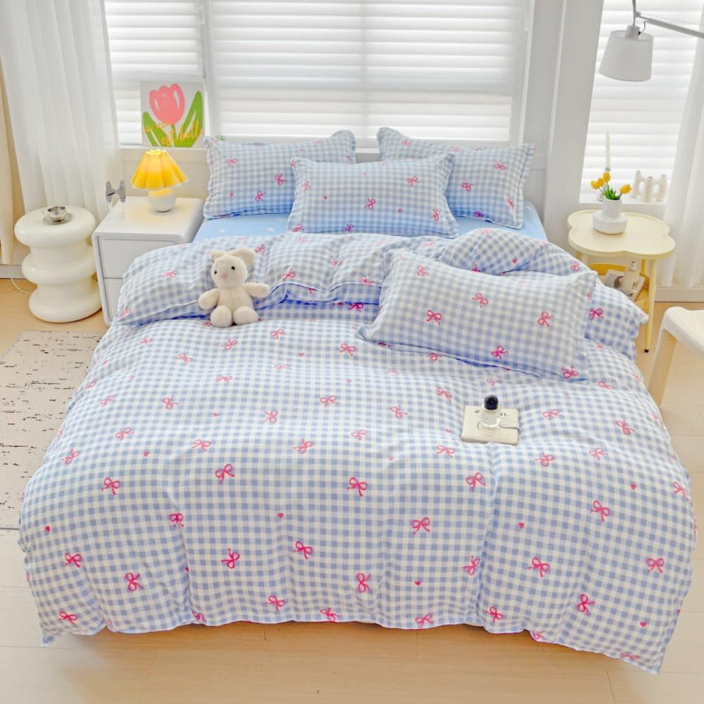 Heavyweight Warmth 3-Piece Blue Plaid Pink Bows Comforter Full Set , Cute Soft Bedding Set for Kids Adults - Hypoallergenic Ultra-Fluffy Quilt for Winter Detail