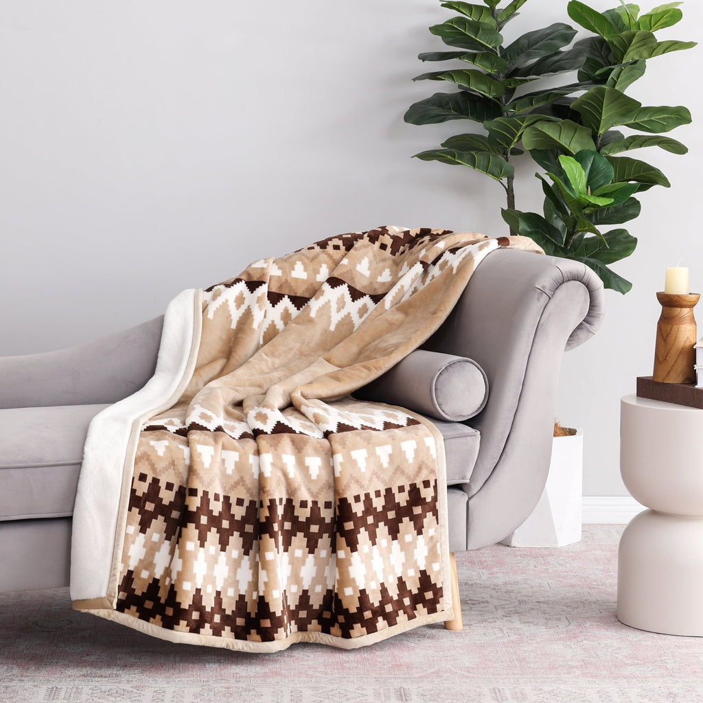 Decorative Knitted Printed Velvet Plush Reverse to Faux Fur Super Soft Throw Blanket, Oversized, Linder Border Beige - Luxury Knitted Decorative Throw Blanket with Fringes Detail