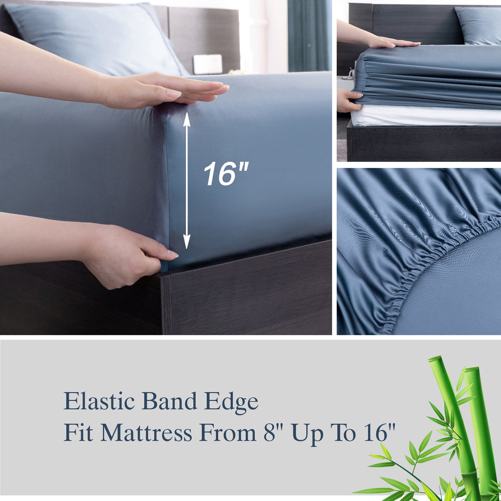 Wrinkle-Resistant Luxury Bamboo Bed Sheets Set Full 4 Pcs for Adult,Soft&Cool,16" Deep Pocket,Blue Gray - Premium Ultra-Soft Pillowcase Pair for Sleeping Detail