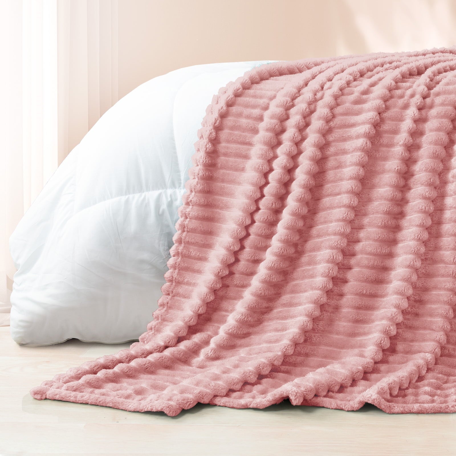 Decorative Knitted Fleece Throw Blanket for Couch, Super Soft 3D Striped Jacquard Blanket, Lightweight Fuzzy Cozy Blankets, Pink, 50"x60" - Cozy Fleece Throw Blanket for Couch & Bed Detail