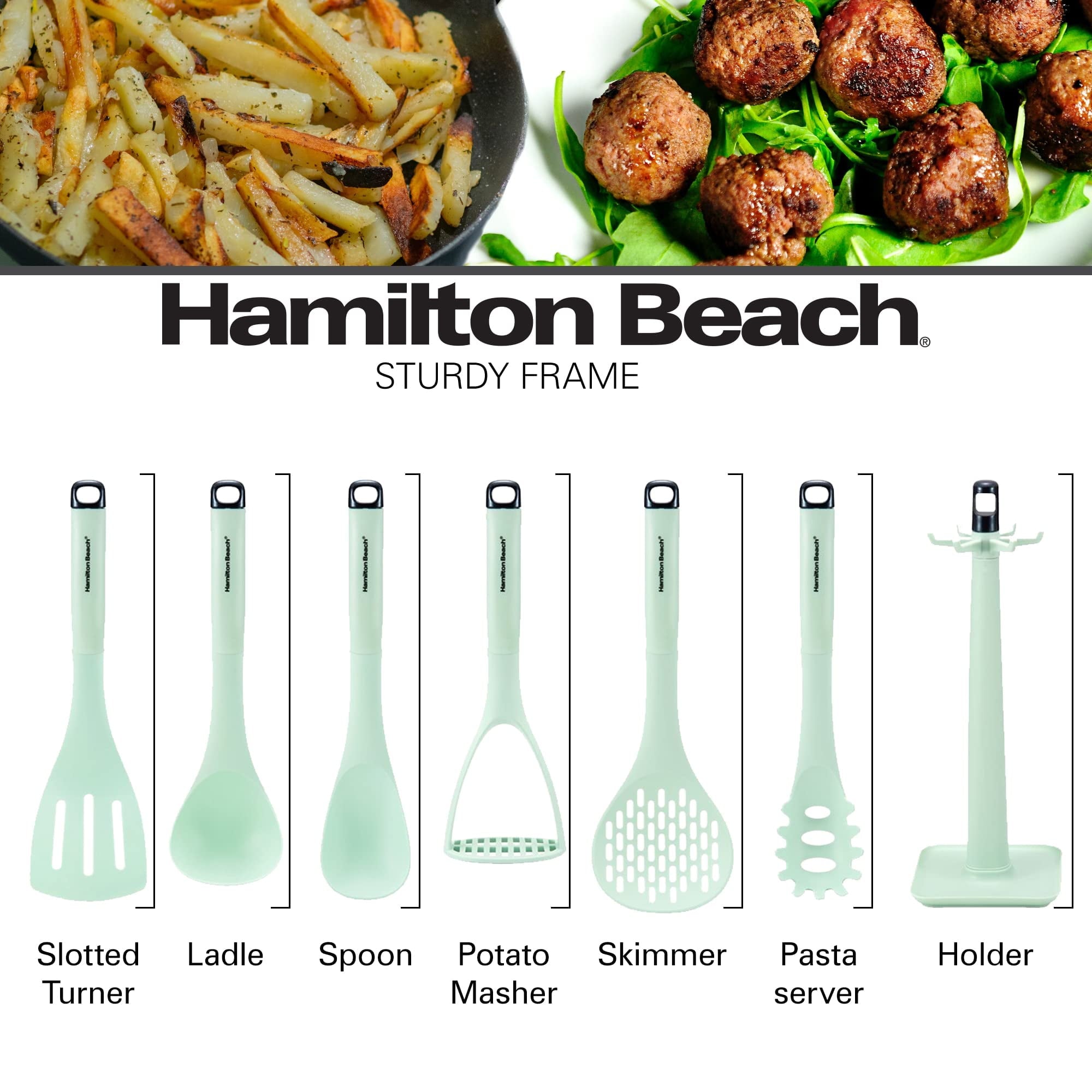 Seamless One-Piece Kitchen Utensil Set 7 Piece | Cooking Utensil set Slotted turner, Ladle Skimmer, Pasta Server, Potato Masher, S... - Ergonomic Kitchen Tongs and Cooking Spoon Utensil Detail