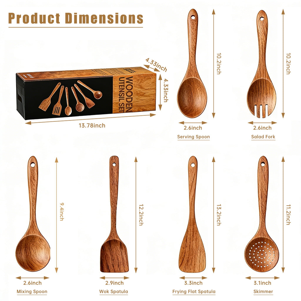 Premium Silicone Wooden Spoons for Cooking, 6 PCS Teak Wood Cooking Utensil Set, Wooden Kitchen Utensils for Nonstick Pans & Cookware,... - Durable Turner & Ladle Utensil Set for Home Chefs Detail