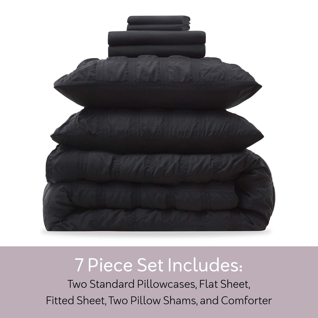Heavyweight Warmth Queen Comforter Set, Seersucker Queen Size Comforter Set, 7-Pc All Season Bedding Comforter Set, Black - All-Season Down Alternative Comforter Insert Detail