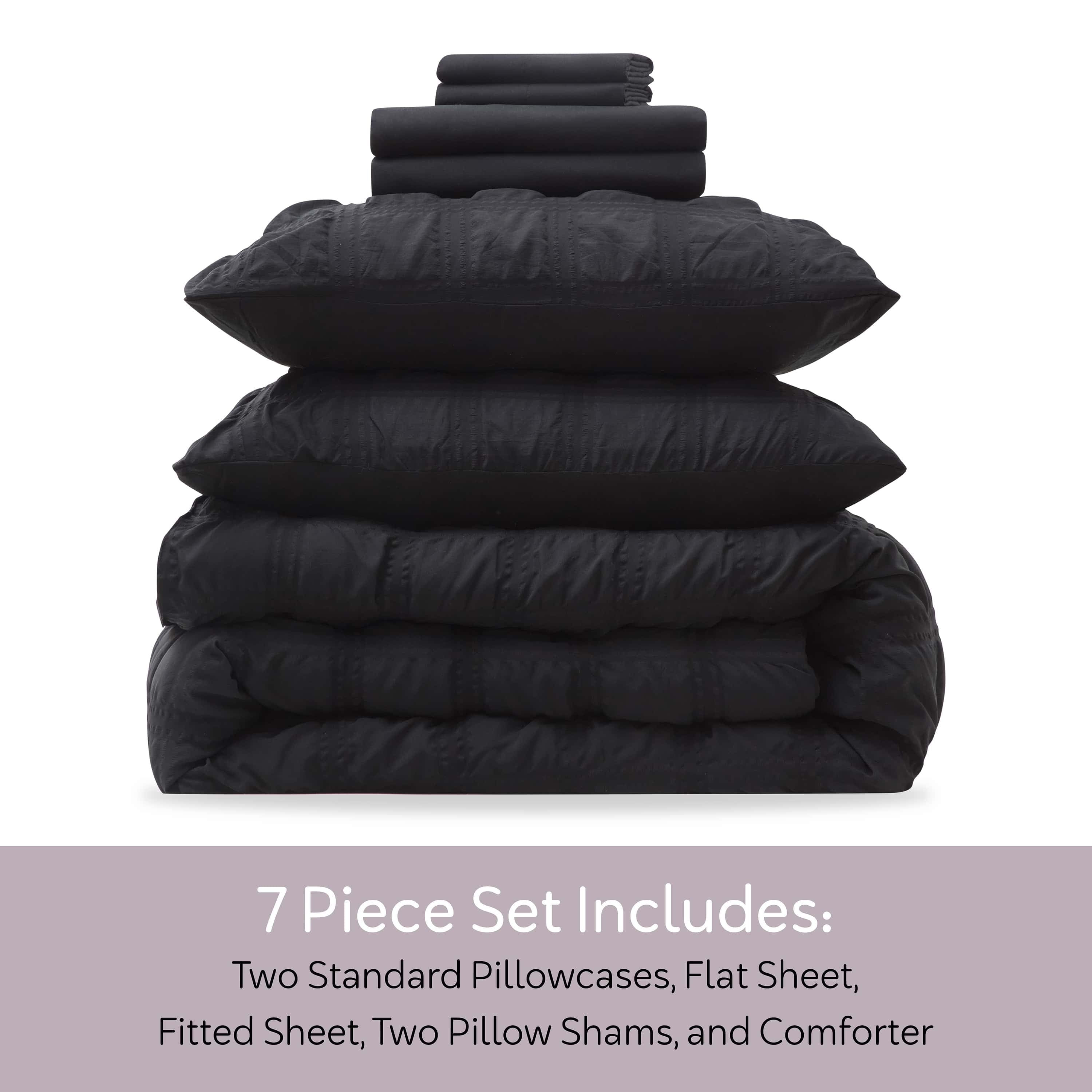 Heavyweight Warmth Queen Comforter Set, Seersucker Queen Size Comforter Set, 7-Pc All Season Bedding Comforter Set, Black - All-Season Down Alternative Comforter Insert Detail