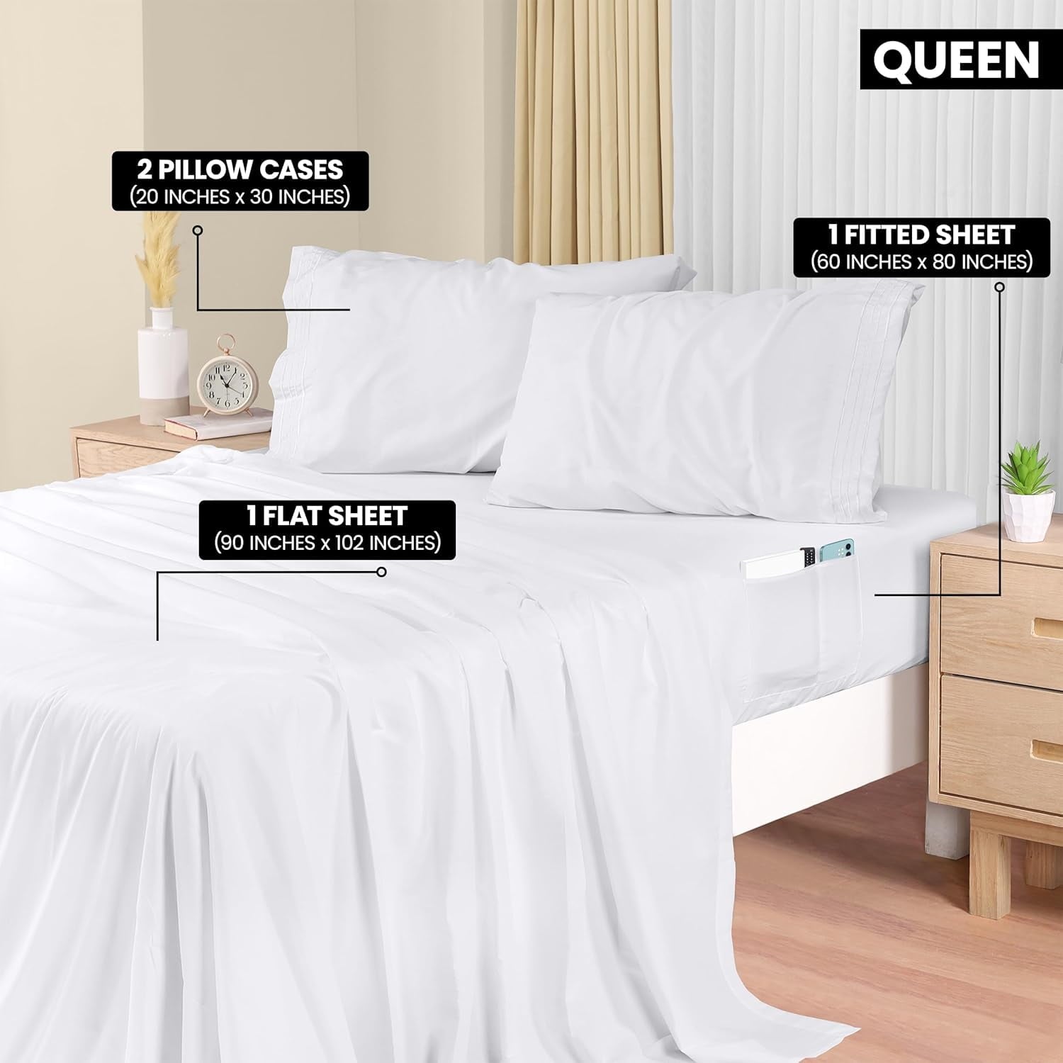 Ultra-Soft Set, Soft Microfiber 4 Piece Hotel Luxury Bed s with Deep Pockets, Embroidered Pillow Cases, Side Storage Pocket Fitt... - Luxury Bed Sheet Set with Deep Pockets Detail