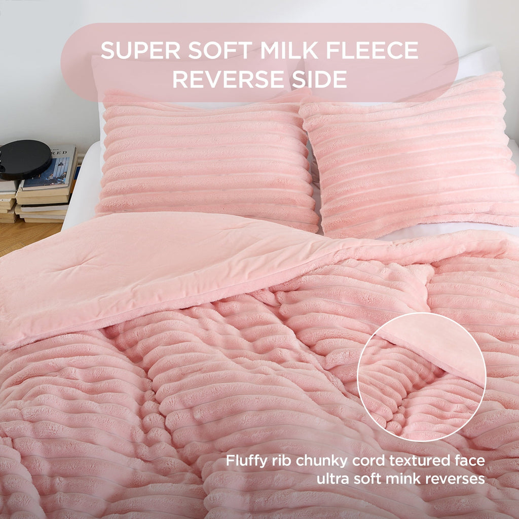 All-Season Full/Queen Size Comforter Set, Fluffy Ribbed Plush Comforter Set, 3-Piece Bedding Set, Pink - Cloud-Like Soft Lightweight Bed Comforter Detail