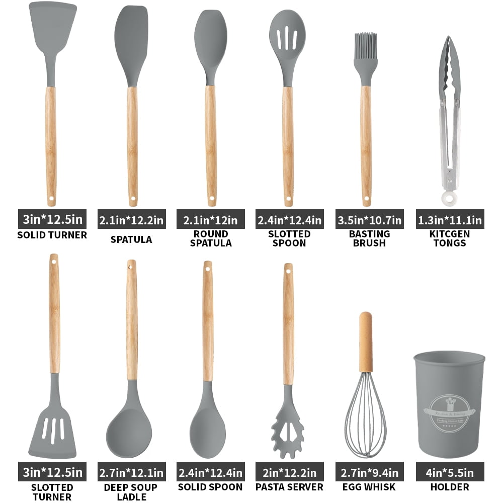 Seamless One-Piece Silicone Wooden Heat Resistant Kitchen Utensil Set, 12 pcs - Heat-Resistant Silicone Cooking Spatula Turner Detail