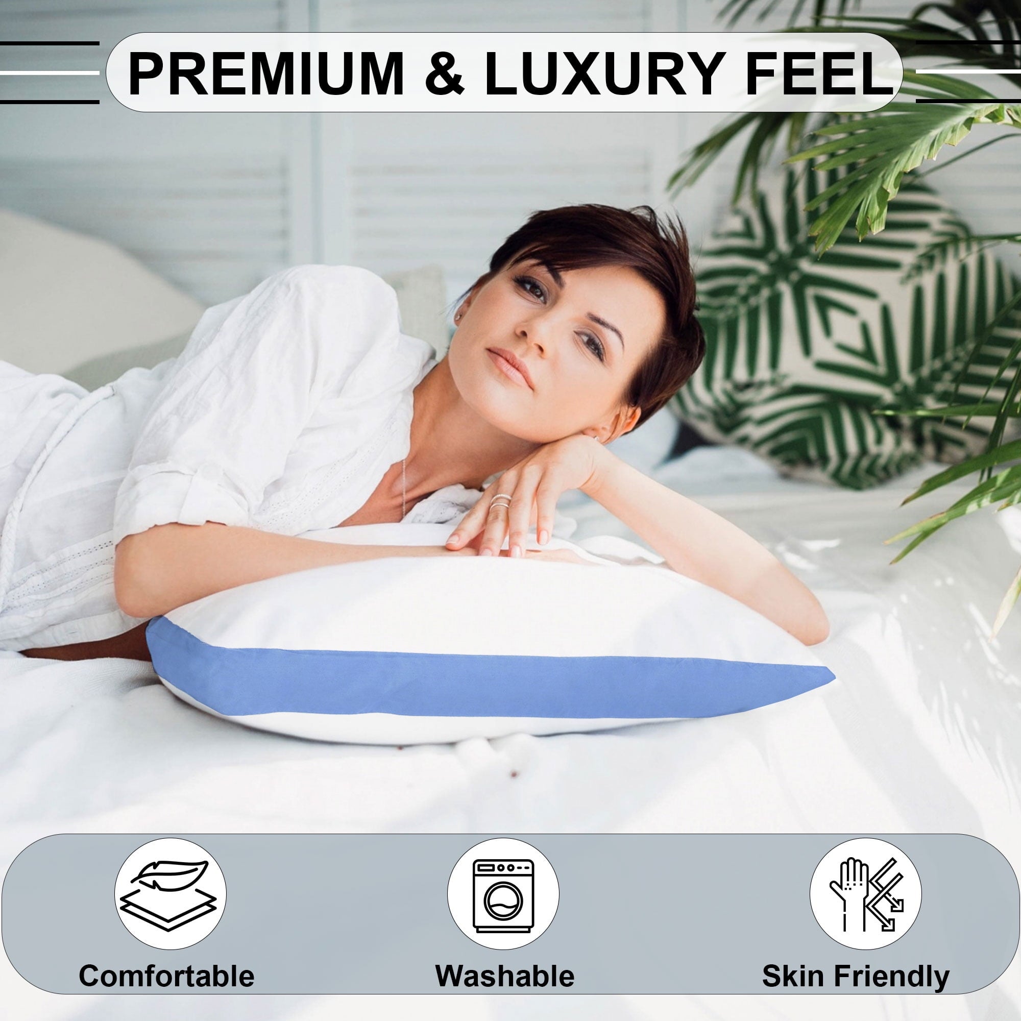 Decorative Plump Gusseted Queen 18x26 Bed Pillows for Sleeping Set of 2 Polycotton White Blue Stripe Comfortable - Orthopedic Shredded Foam Bed Pillow Set Detail