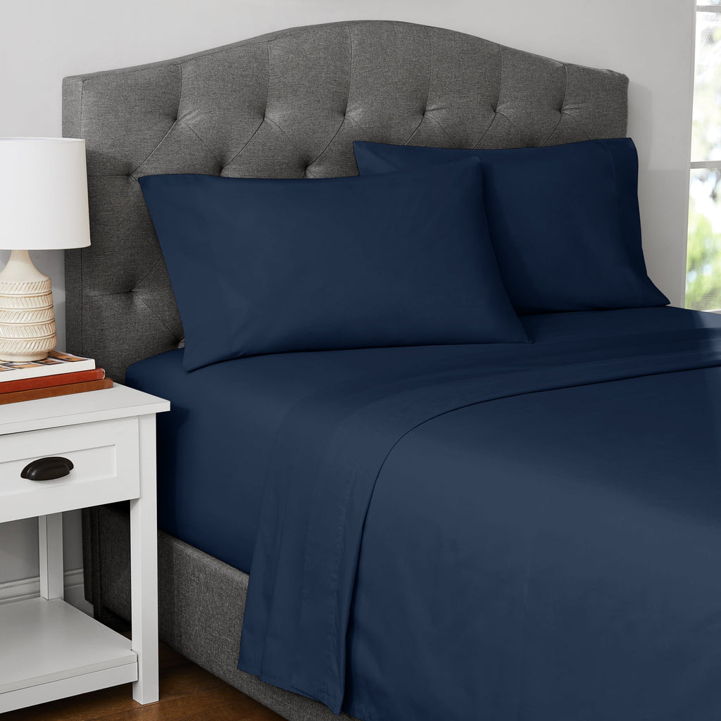 Cooling Sateen 300 Thread Count Easy Care Blue Cove Cotton Blend Percale Flat Bed Sheet, King - Breathable Egyptian Cotton Flat & Fitted Sheets Detail
