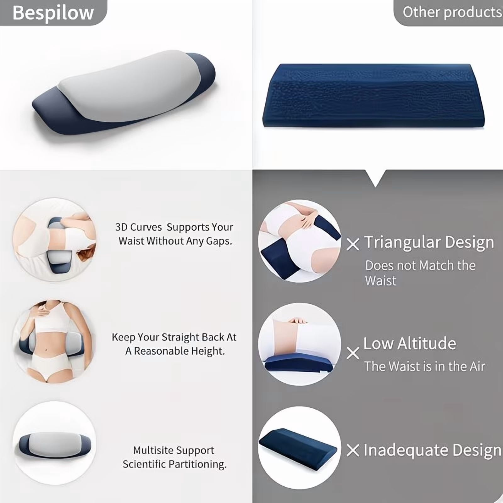 Hotel Collection Lumbar Support Pillow for Bed, Memory Foam Ergonomic Lower Back Support Waist Pillow for Side Back and Stomach Sleepe... - Hotel Quality Plush Sleeping Pillows Detail