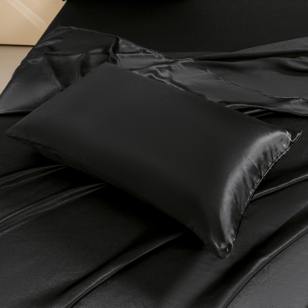 Wrinkle-Resistant 4Pcs Black Satin Sheets Queen Set Silk Sheets 13" Deep Pocket Ultra Soft silky Bed Sheet Set - Breathable Egyptian Cotton Flat & Fitted Sheets Detail