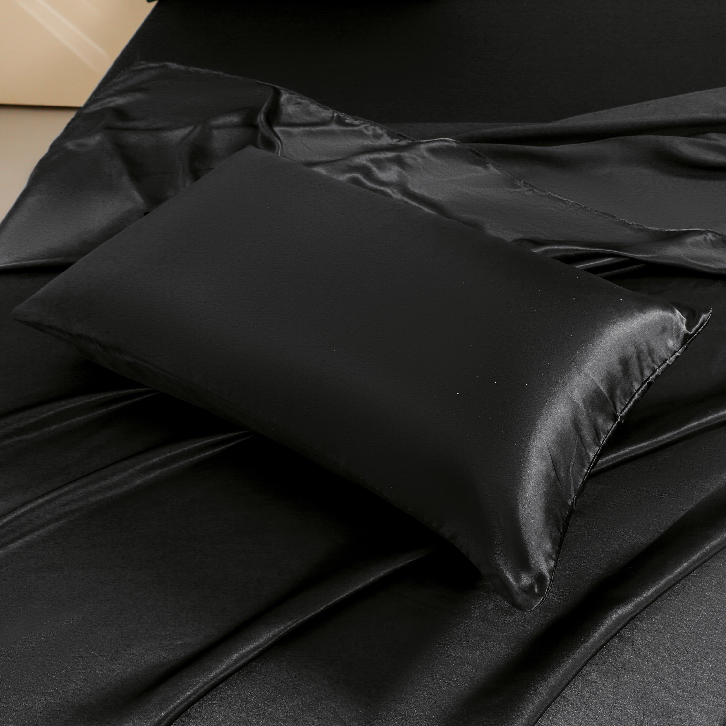 Wrinkle-Resistant 4Pcs Black Satin Sheets Queen Set Silk Sheets 13" Deep Pocket Ultra Soft silky Bed Sheet Set - Breathable Egyptian Cotton Flat & Fitted Sheets Detail