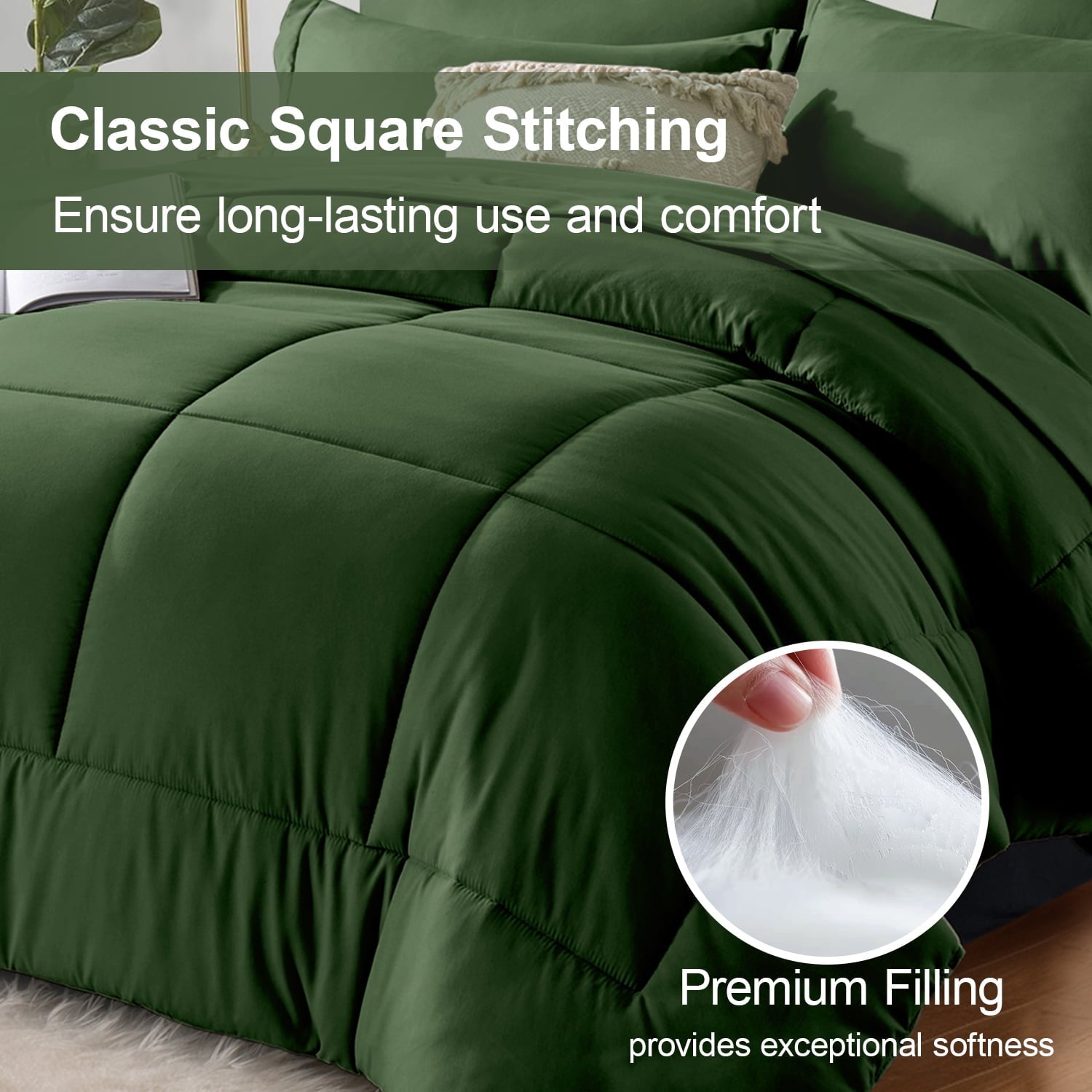 Hypoallergenic Cloud Queen Comforter Set Forest Green Bed in a Bag Queen Size 7 Pieces Soft Bed Set Lightweight Microfiber Green Bedding C... - All-Season Down Alternative Comforter Insert Detail