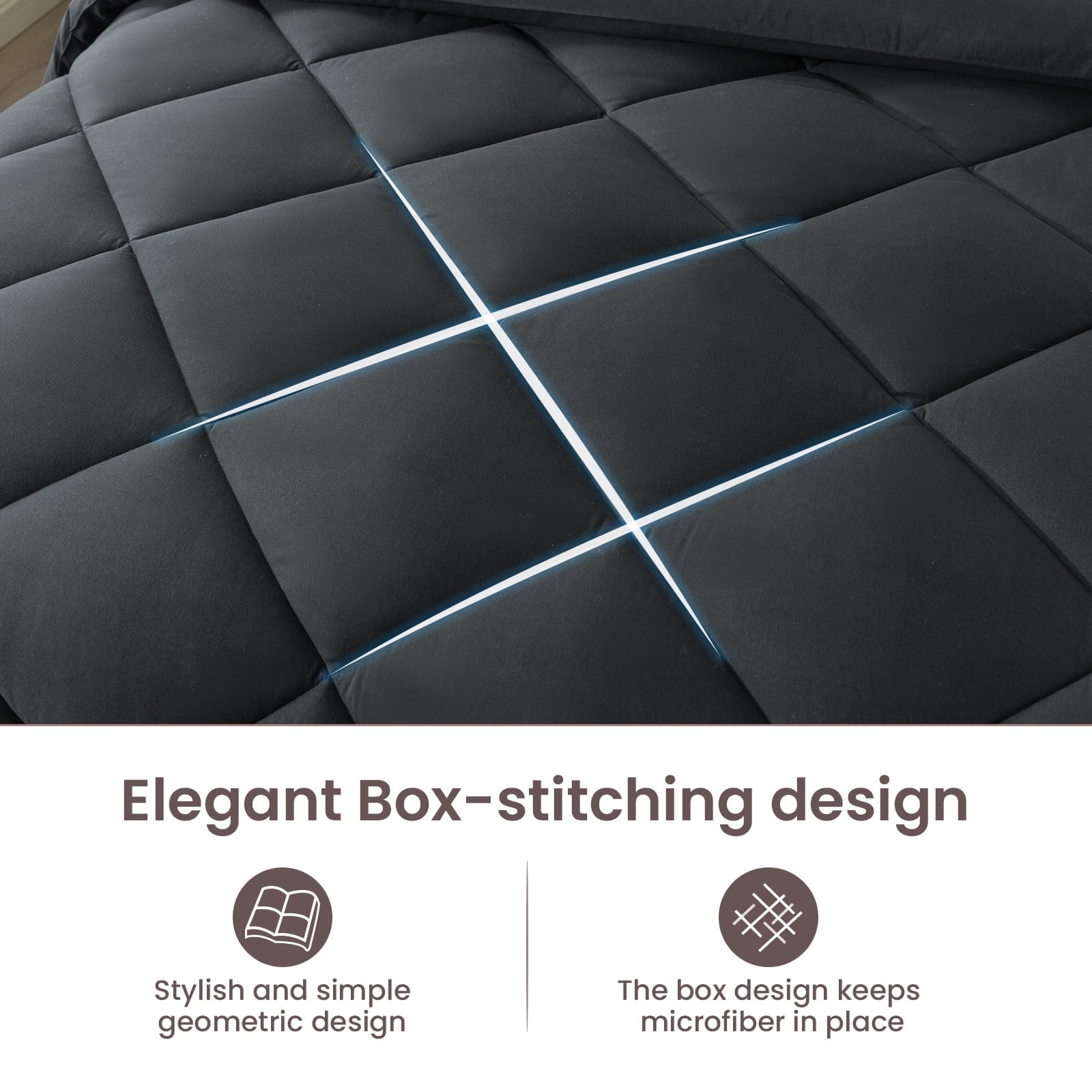 All-Season Queen Bed in a Bag Comforter Set with 7 Pieces - Dark Gray All Season Bedding Sets with Comforter, Pillow Shams, Flat... - All-Season Down Alternative Comforter Insert Detail