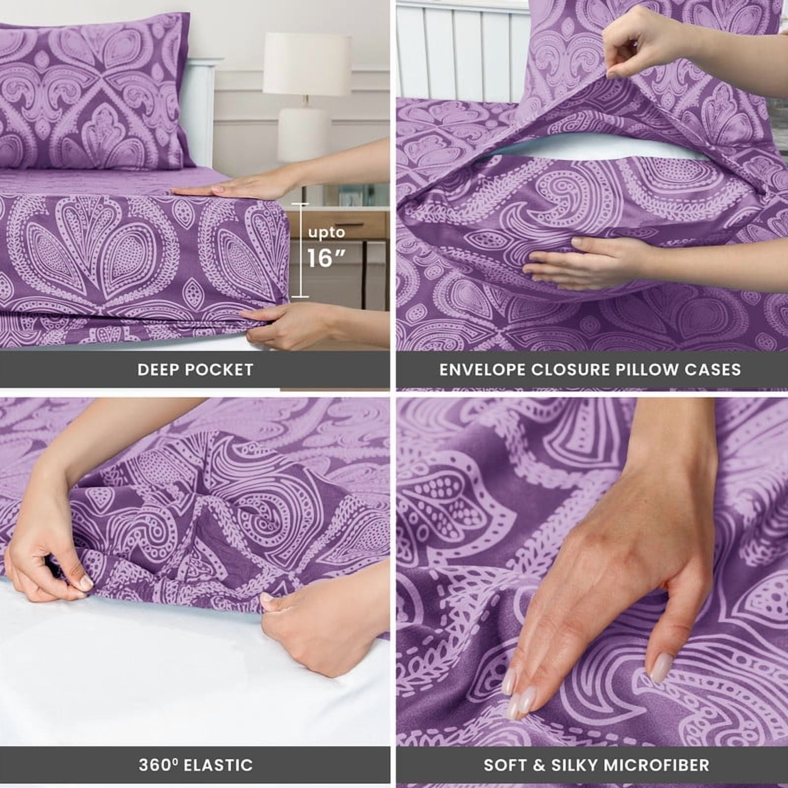 Breathable Luxury Paisley Printed Queen Bed Sheets Set, Microfiber 6 Piece Bedding Set - Purple - Premium Ultra-Soft Pillowcase Pair for Sleeping Detail