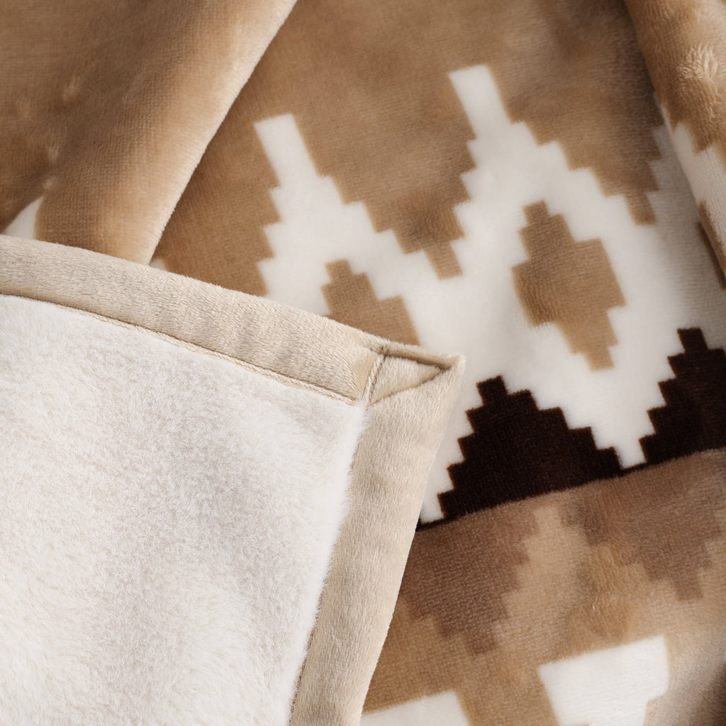 Decorative Knitted Printed Velvet Plush Reverse to Faux Fur Super Soft Throw Blanket, Oversized, Linder Border Beige - Luxury Knitted Decorative Throw Blanket with Fringes Detail