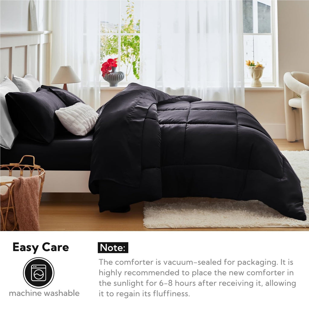 Fluffy Down Alternative Reversible Satin Microfiber Comforter 3 Pieces Queen Size, Black Queen Comforter Set for All Seasons, Silky Soft Sati... - Hypoallergenic Ultra-Fluffy Quilt for Winter Detail