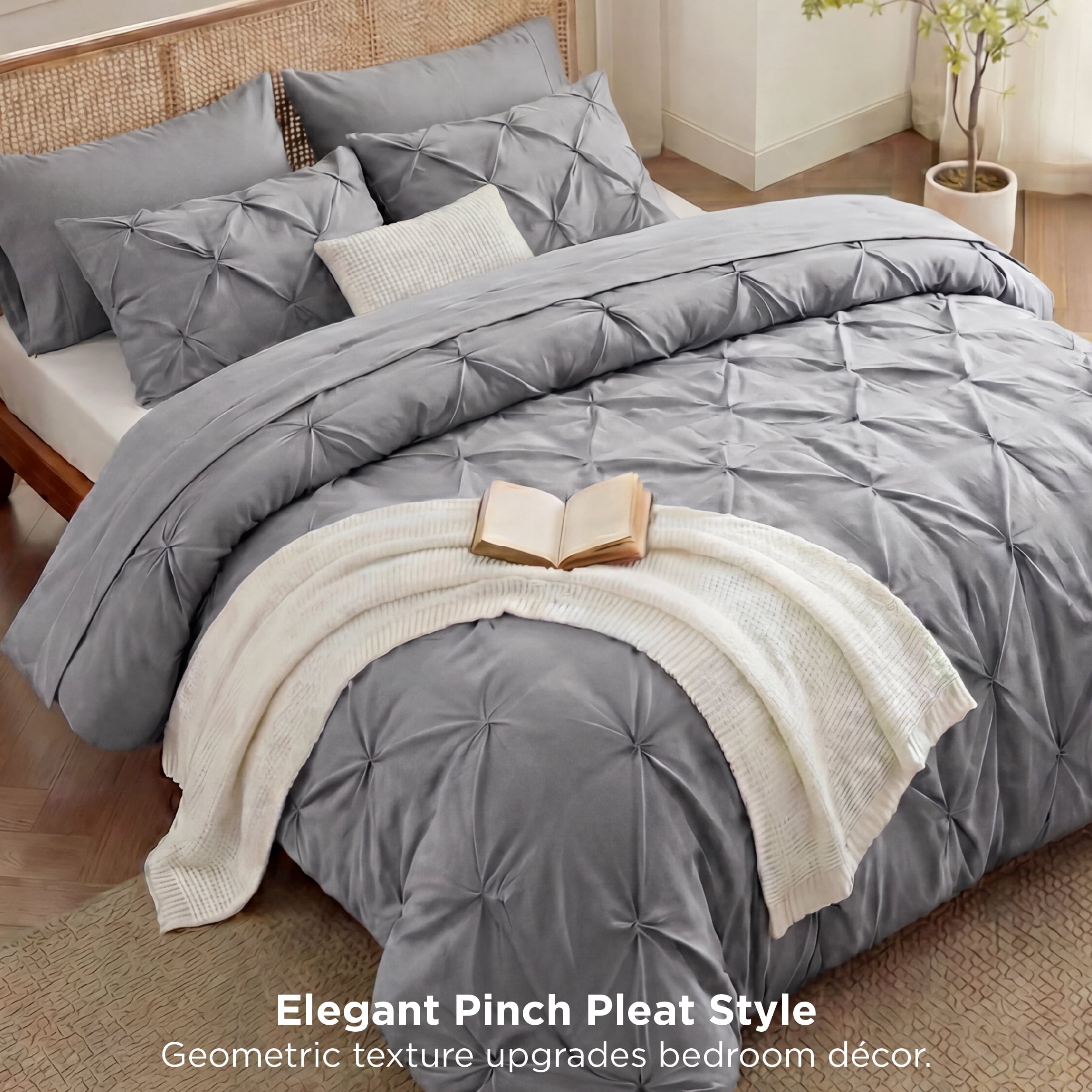 Hypoallergenic Cloud Queen Comforter Set Grey, Bed in a Bag Queen Size Bedding, 7 Pieces Pinch Pleat All Season Comforter - All-Season Down Alternative Comforter Insert Detail