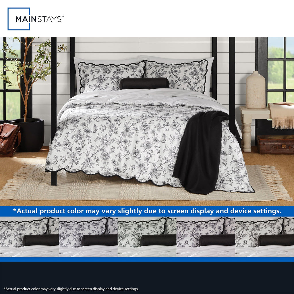Heavyweight Warmth Floral Scallop 4-Piece White/Black Comforter Set, Twin/Twin XL - Luxurious Quilted Duvet Cover Set Detail