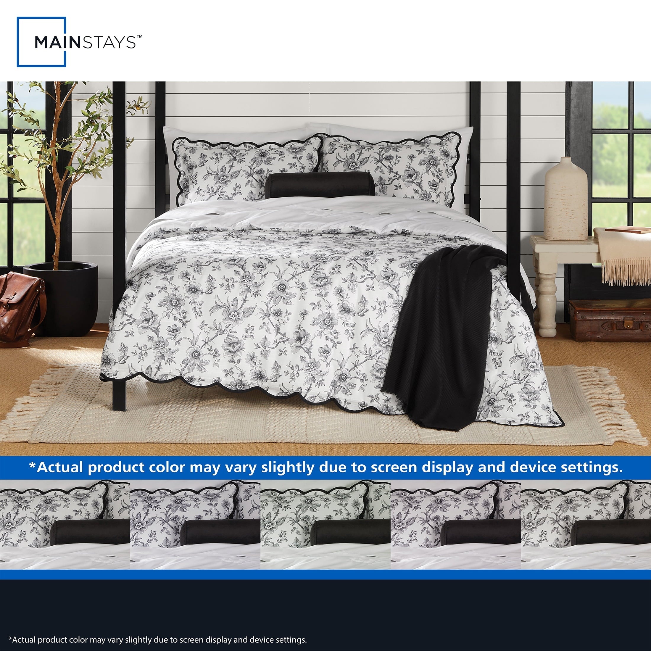 Heavyweight Warmth Floral Scallop 4-Piece White/Black Comforter Set, Twin/Twin XL - Luxurious Quilted Duvet Cover Set Detail