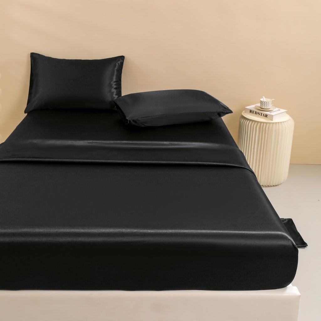 Wrinkle-Resistant 4Pcs Black Satin Sheets Queen Set Silk Sheets 13" Deep Pocket Ultra Soft silky Bed Sheet Set - Breathable Egyptian Cotton Flat & Fitted Sheets Detail