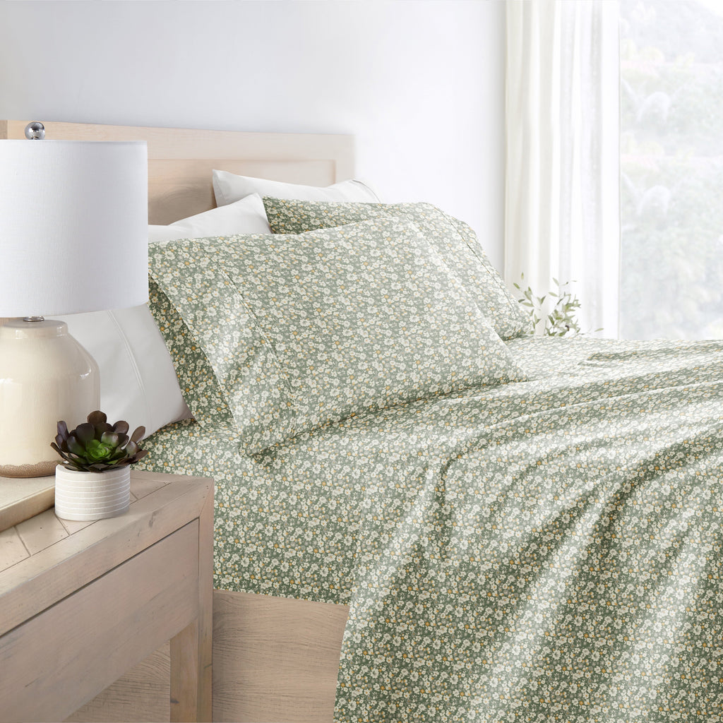 Premium Egyptian Cotton 4 Piece Pattern Microfiber Bed Sheets Set, Floral Dream Eucalyptus, Twin - Cooling Hotel Quality Bedding Sheets and Pillowcases Detail