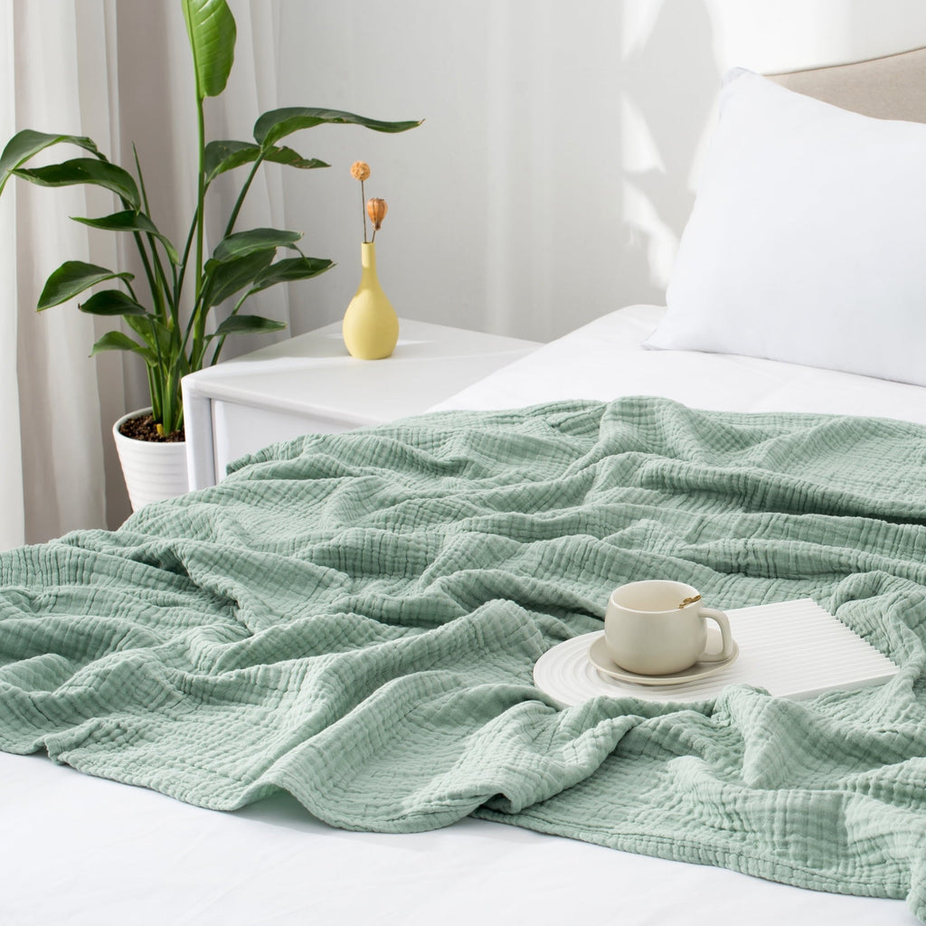 Lightweight Warm 100% Cotton Muslin Throw Blanket Gauze Blankets for Adults Soft Throws for Bed and Couch, 50" x 70" Sage Green - Super Soft Reversible Sherpa Flannel Blanket Detail