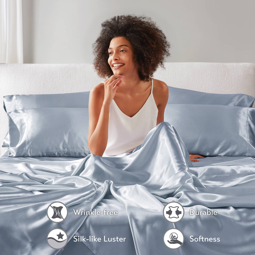 Premium Egyptian Cotton Satin Sheet Set, Twin Bed Sheets with Pillowcases, 4-Piece Luxury Silky Sheet Set, Blue, Gifts for Women - Cooling Hotel Quality Bedding Sheets and Pillowcases Detail