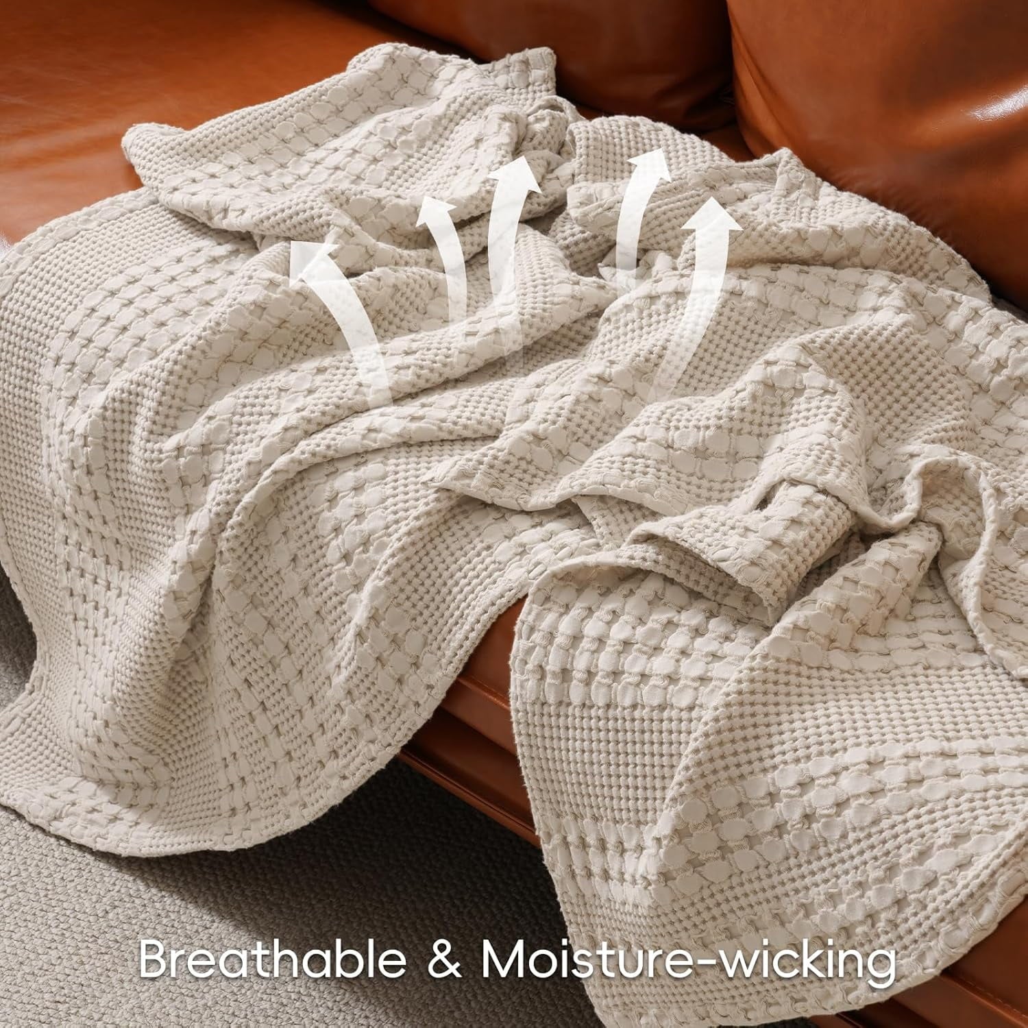 Cozy Fleece 100% Cotton Waffle Weave Blanket, Lightweight Throw Washed Blanket for Bed Sofa Home Decor, Oatmeal, 50"x60" - Lightweight Plush Warm Blanket for All Seasons Detail