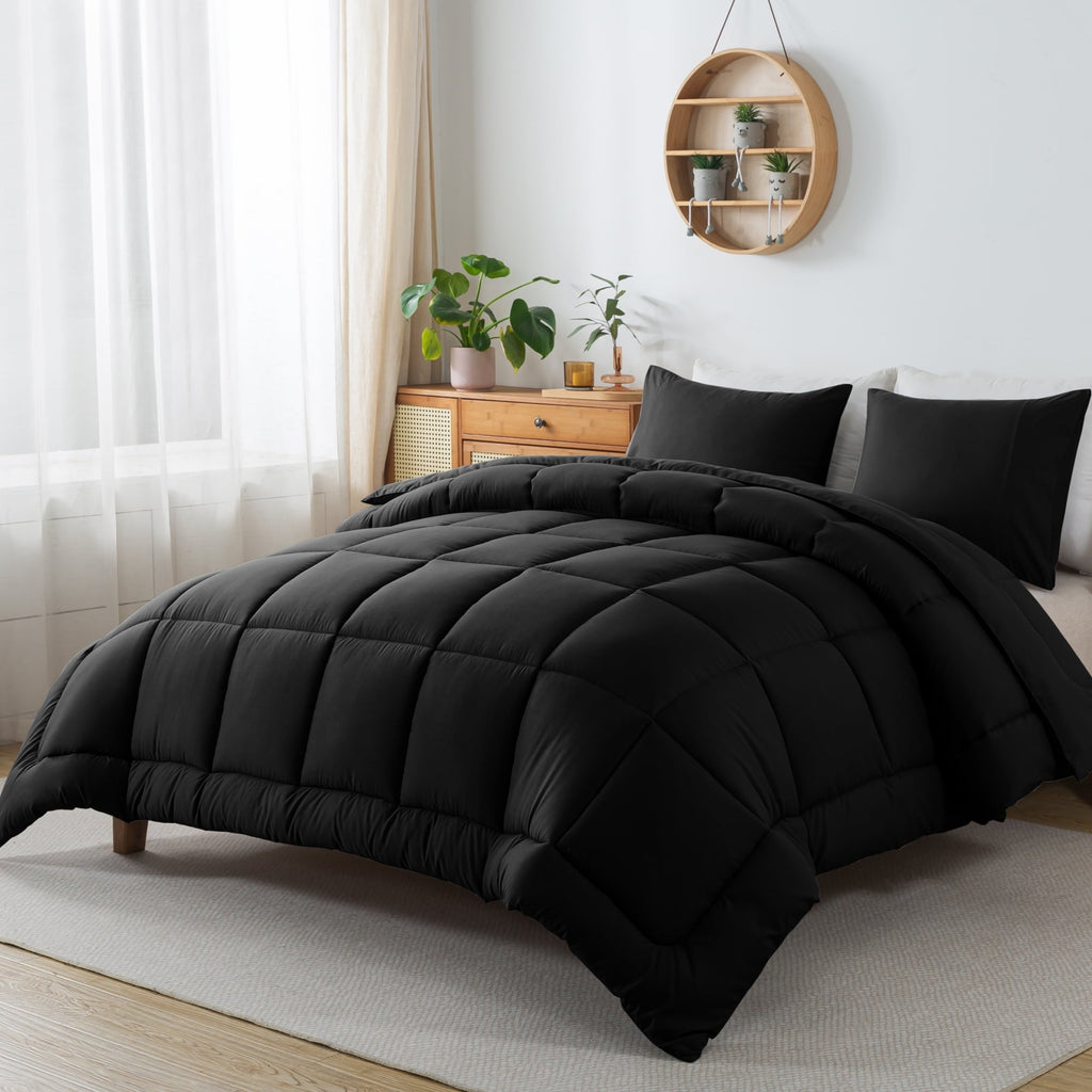 Heavyweight Warmth Queen Size 3-Piece All-Season Down Alternative Comforter Set Deep Black (Comforter and Pillowcase Bedding Set / bed i... - All-Season Down Alternative Comforter Insert Detail