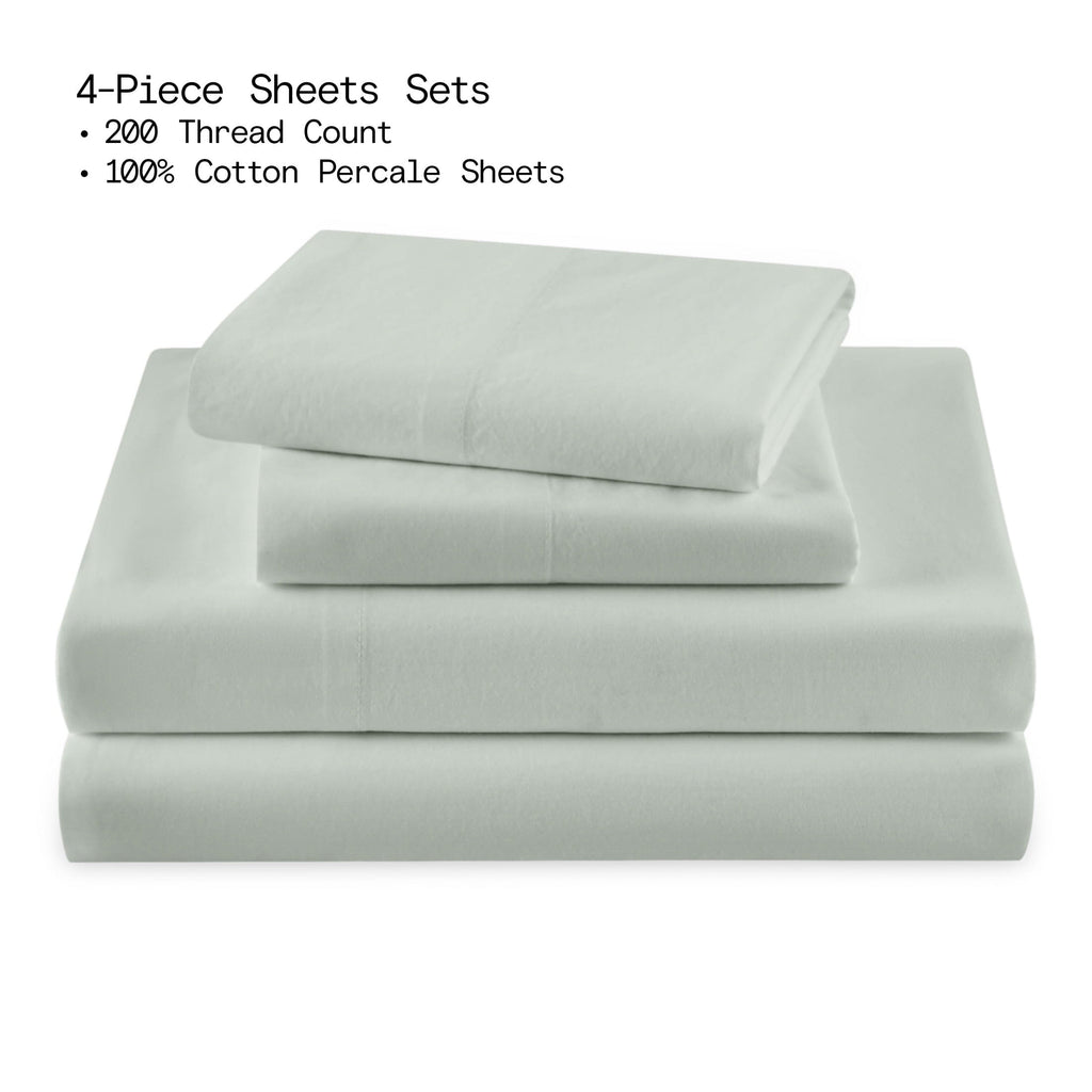 Cooling Sateen Solid 4-Piece 100% Cotton Washed Percale Sage Green Sheet Set, Full - Premium Ultra-Soft Pillowcase Pair for Sleeping Detail
