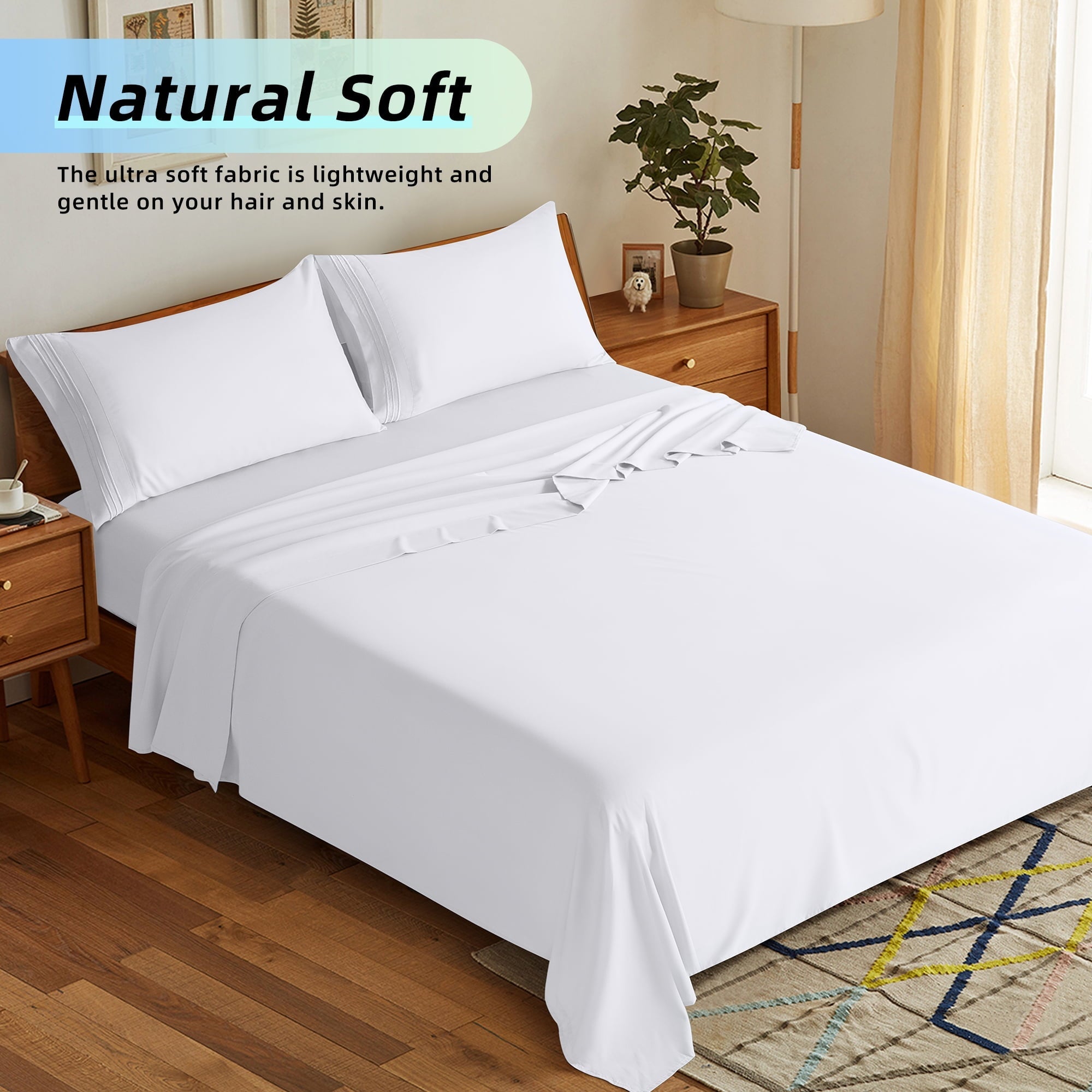 Ultra-Soft Bed Sheets Set, Microfiber Deep Pocket 4 Pieces Luxury Soft Sheet Set, Queen, White - Cooling Hotel Quality Bedding Sheets and Pillowcases Detail