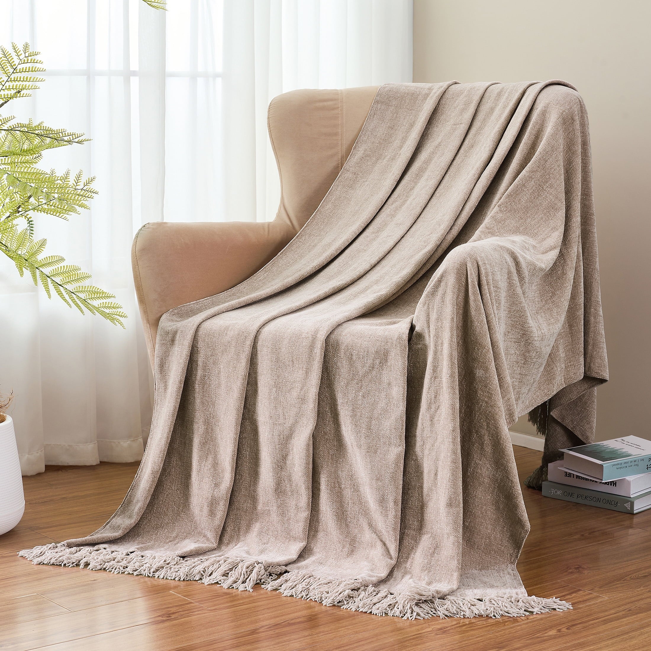 Reversible Sherpa Chenille Throw Blanket with Fringe Tassel for Couch Sofa Chair Bed, Taupe 50" X 60" - Cozy Fleece Throw Blanket for Couch & Bed Detail
