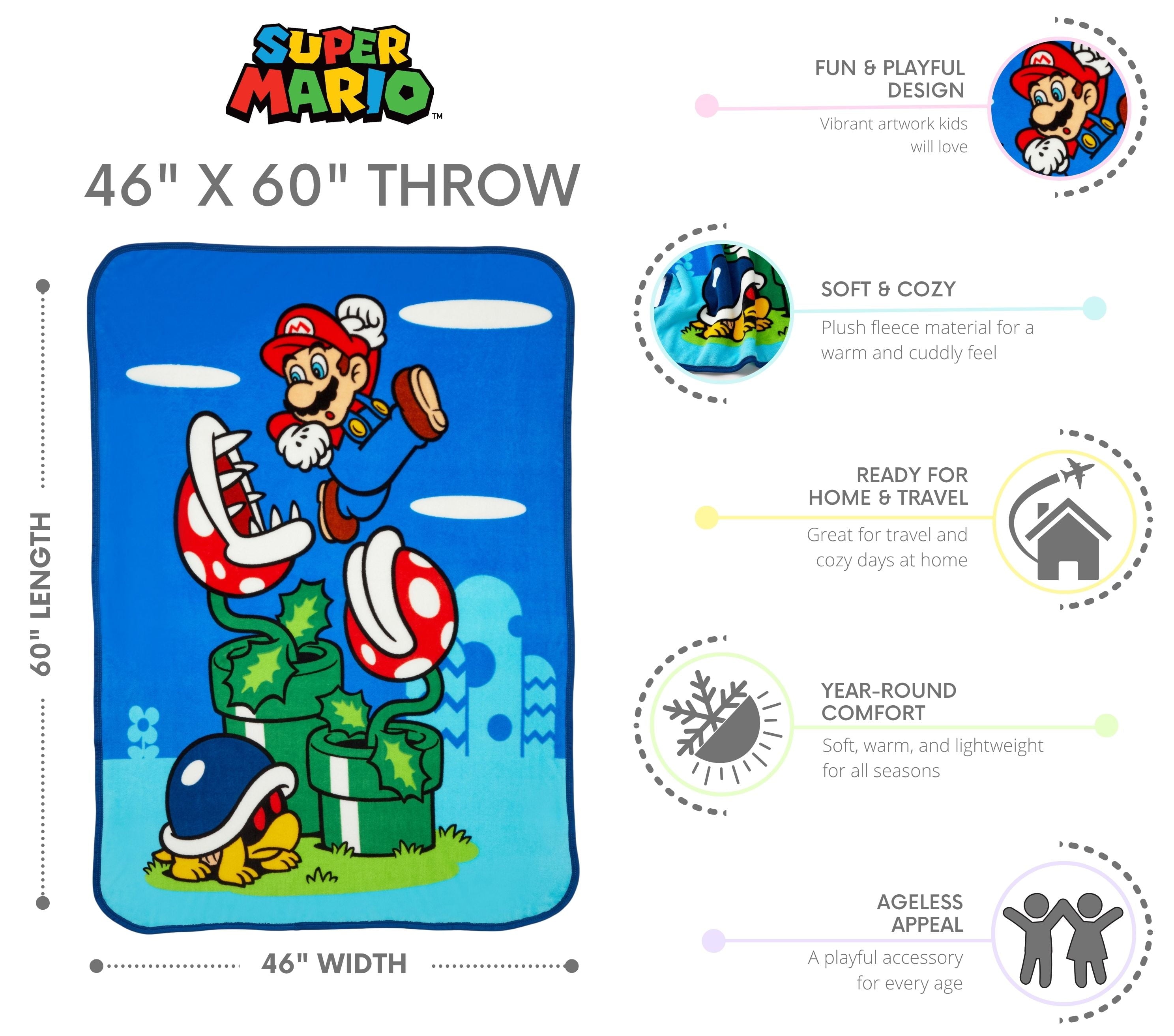 Reversible Sherpa Kids Fleece Throw Blanket 46x60, Nintendo - Super Soft Reversible Sherpa Flannel Blanket Detail
