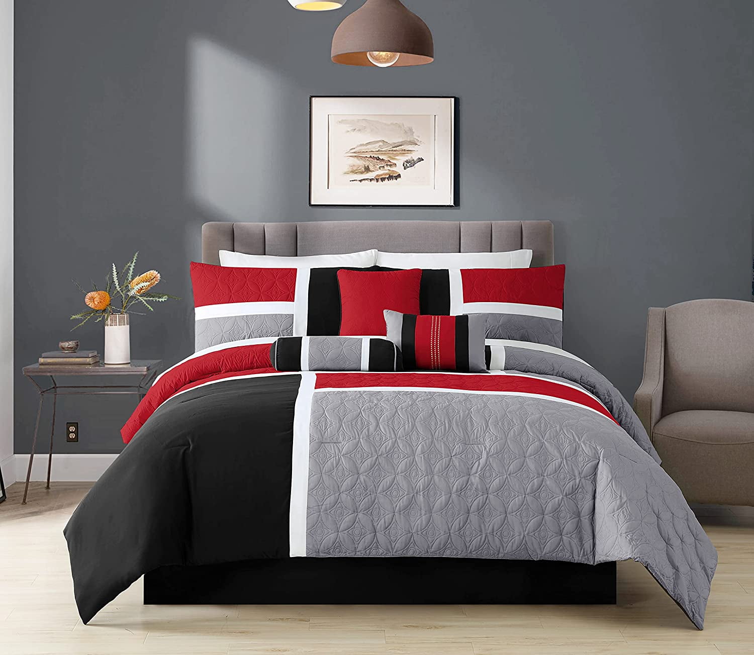 Luxurious Quilted 7-Piece Medallion Patchwork Comforter Set, Full, Red/Gray/Black - Cloud-Like Soft Lightweight Bed Comforter Detail
