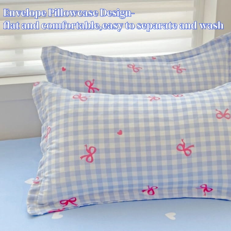 Heavyweight Warmth 3-Piece Blue Plaid Pink Bows Comforter Full Set , Cute Soft Bedding Set for Kids Adults - Hypoallergenic Ultra-Fluffy Quilt for Winter Detail
