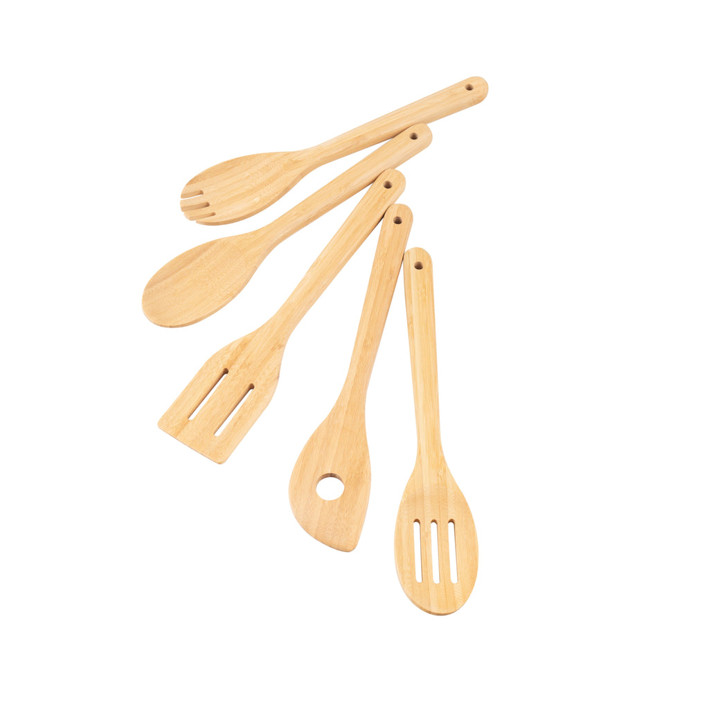 Heat-Resistant 5pk Bamboo Spoons for Cooking, Kitchen Essential Tools Set - Durable Turner & Ladle Utensil Set for Home Chefs Detail