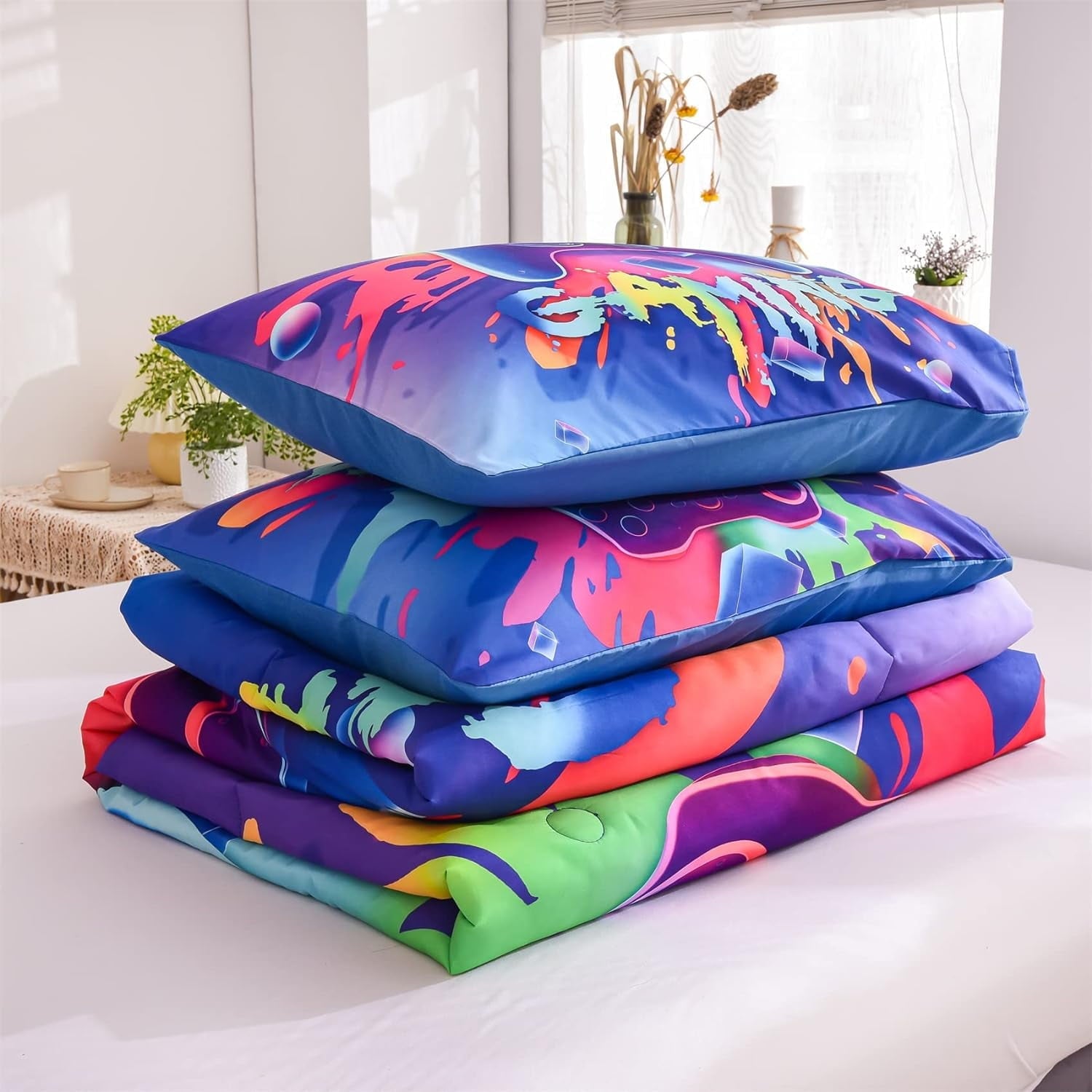 Heavyweight Warmth Purple Queen Gaming Comforter Sets for Boys Kids Bedding Sets Colorful Games Console Gamer Quilt Set - Cloud-Like Soft Lightweight Bed Comforter Detail