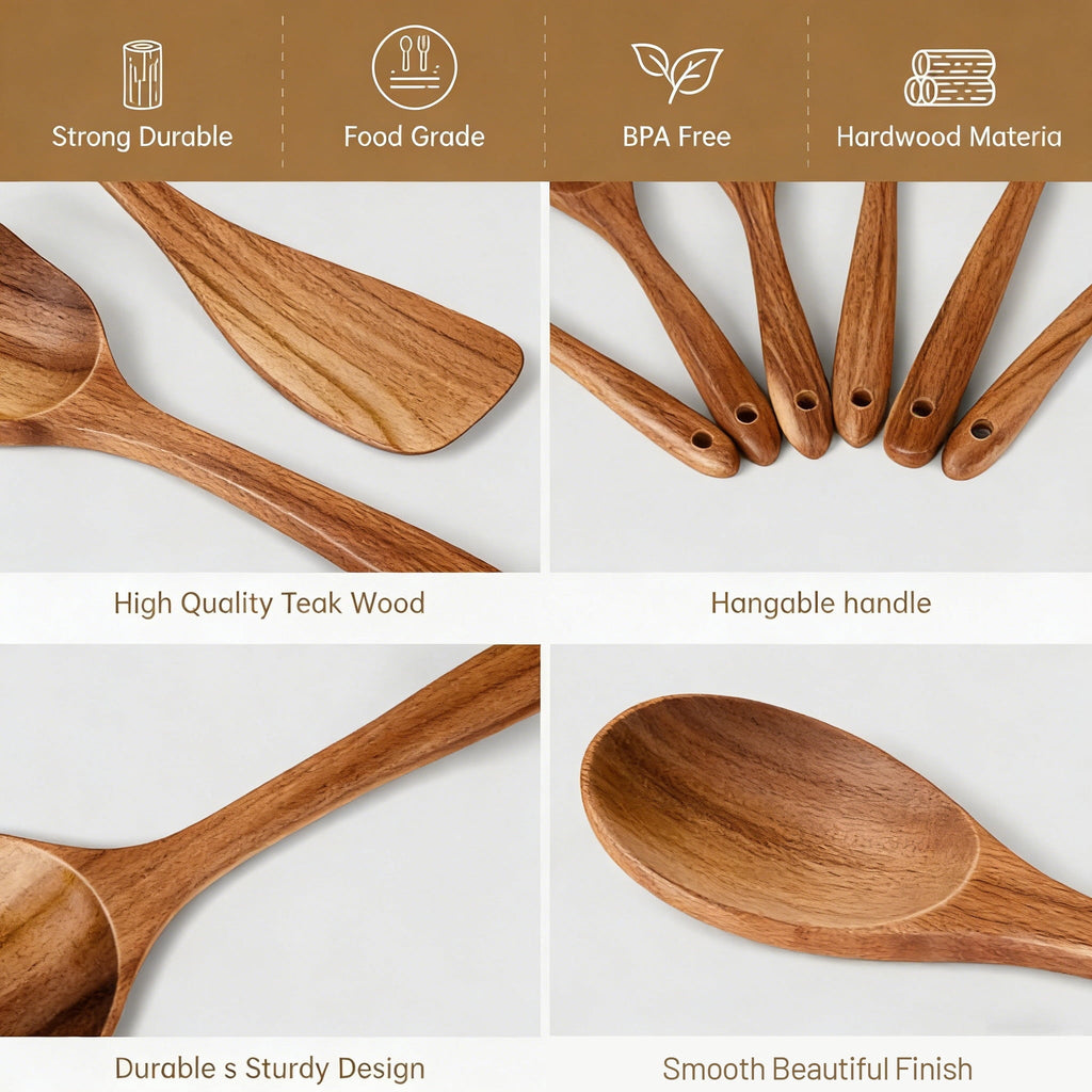 Premium Silicone Wooden Spoons for Cooking, 6 PCS Teak Wood Cooking Utensil Set, Wooden Kitchen Utensils for Nonstick Pans & Cookware,... - Durable Turner & Ladle Utensil Set for Home Chefs Detail