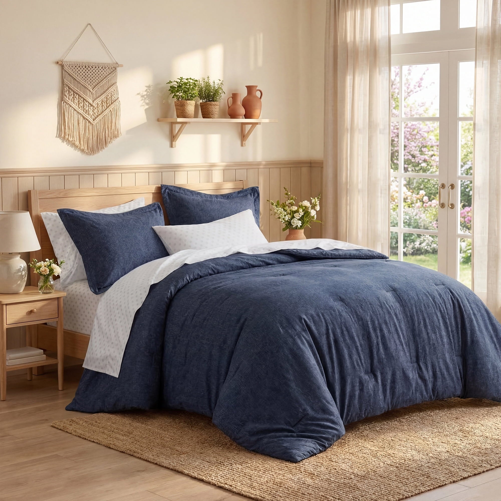 Luxurious Quilted Queen Size Comforter Set, 7-Piece Reversible Bed in a Bag with Sheets, Navy - All-Season Down Alternative Comforter Insert Detail