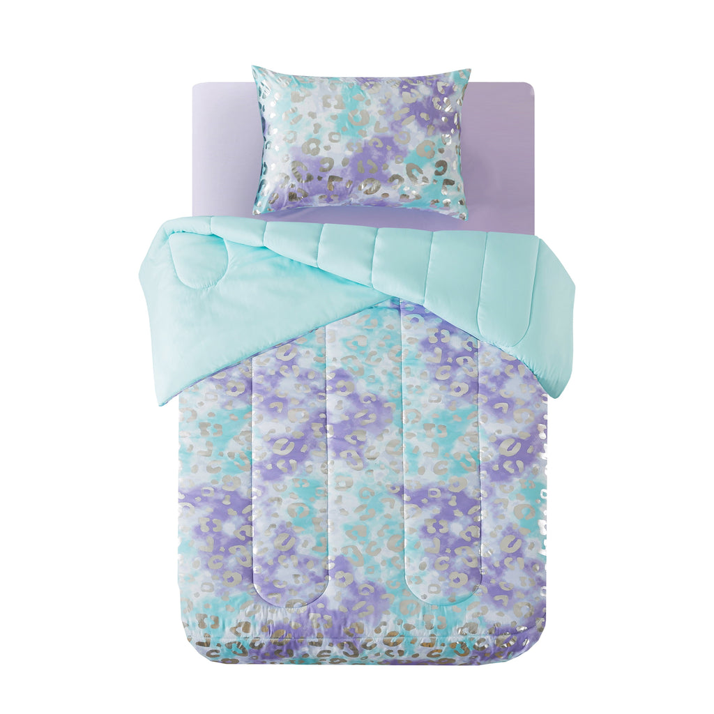 All-Season 5-Piece Purple Metallic Foil Cheetah Bedding Set for Kids with Storage Bag, Twin - Hypoallergenic Ultra-Fluffy Quilt for Winter Detail