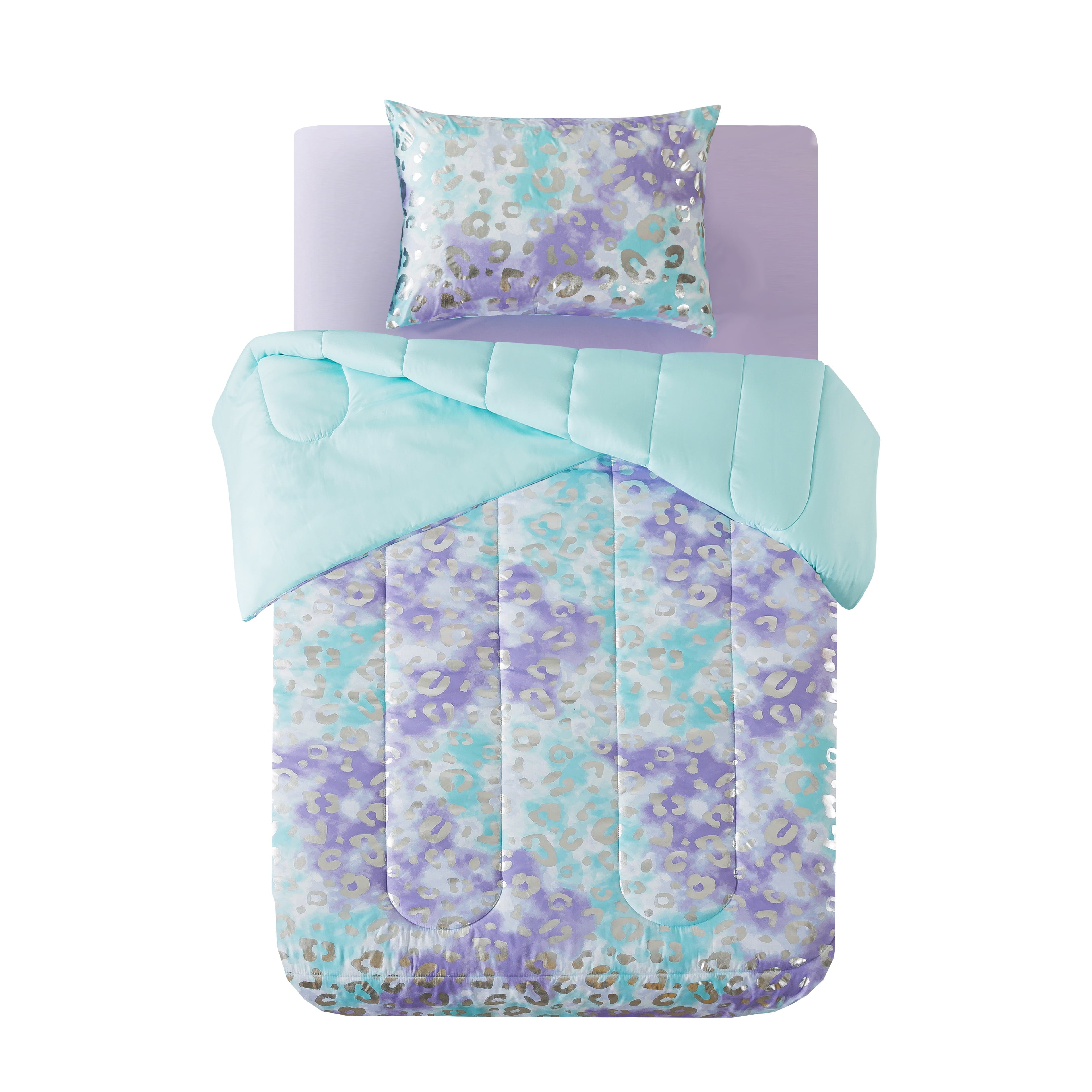 All-Season 5-Piece Purple Metallic Foil Cheetah Bedding Set for Kids with Storage Bag, Twin - Hypoallergenic Ultra-Fluffy Quilt for Winter Detail
